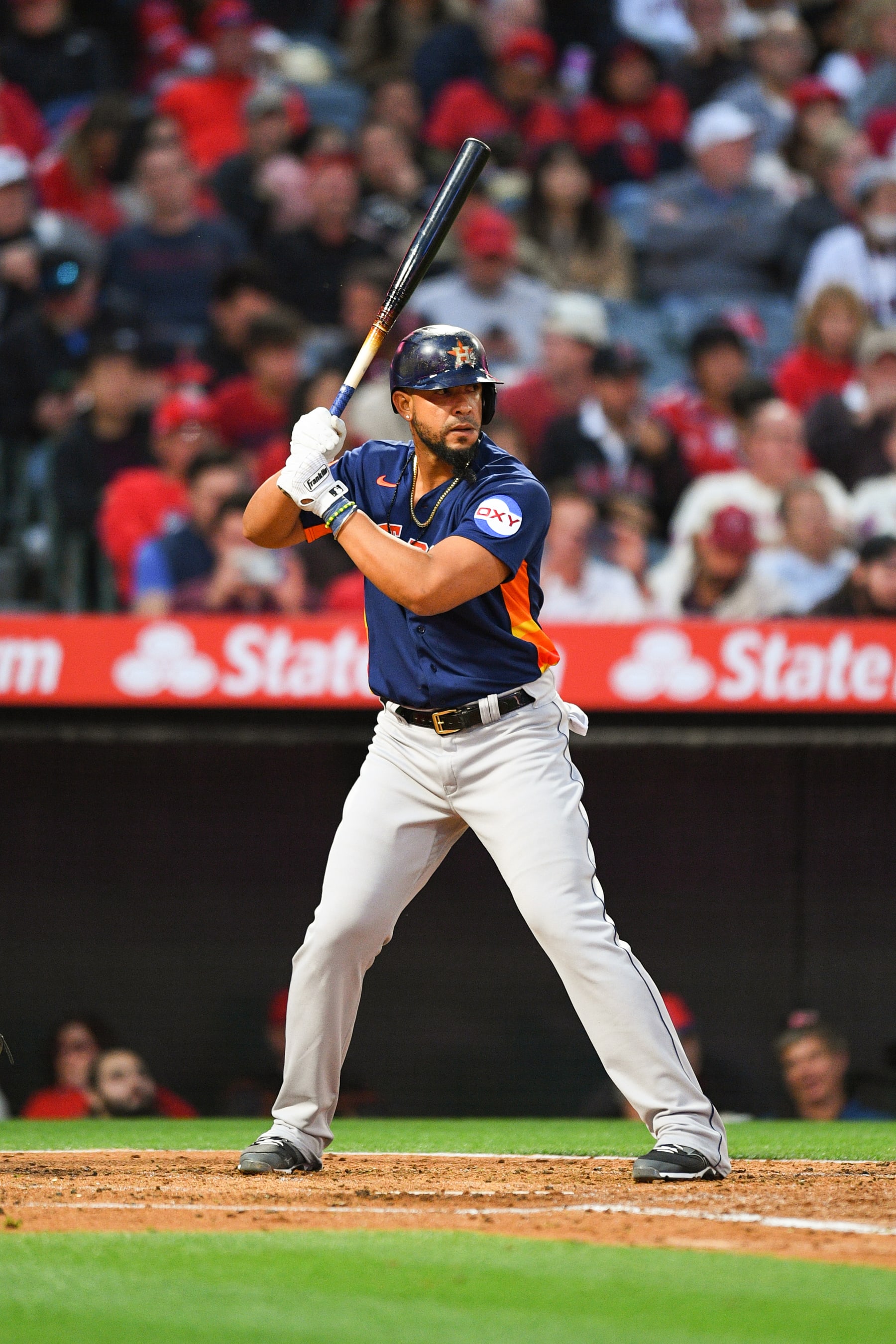 ANAHEIM, CA - MAY 09: Houston Astros first baseman Jose Abreu (79) at bat during the MLB game between the Houston Astros and the Los Angeles Angels of Anaheim on May 9, 2023 at Angel Stadium of Anaheim in Anaheim, CA. (Photo by Brian Rothmuller/Icon Sportswire via Getty Images)