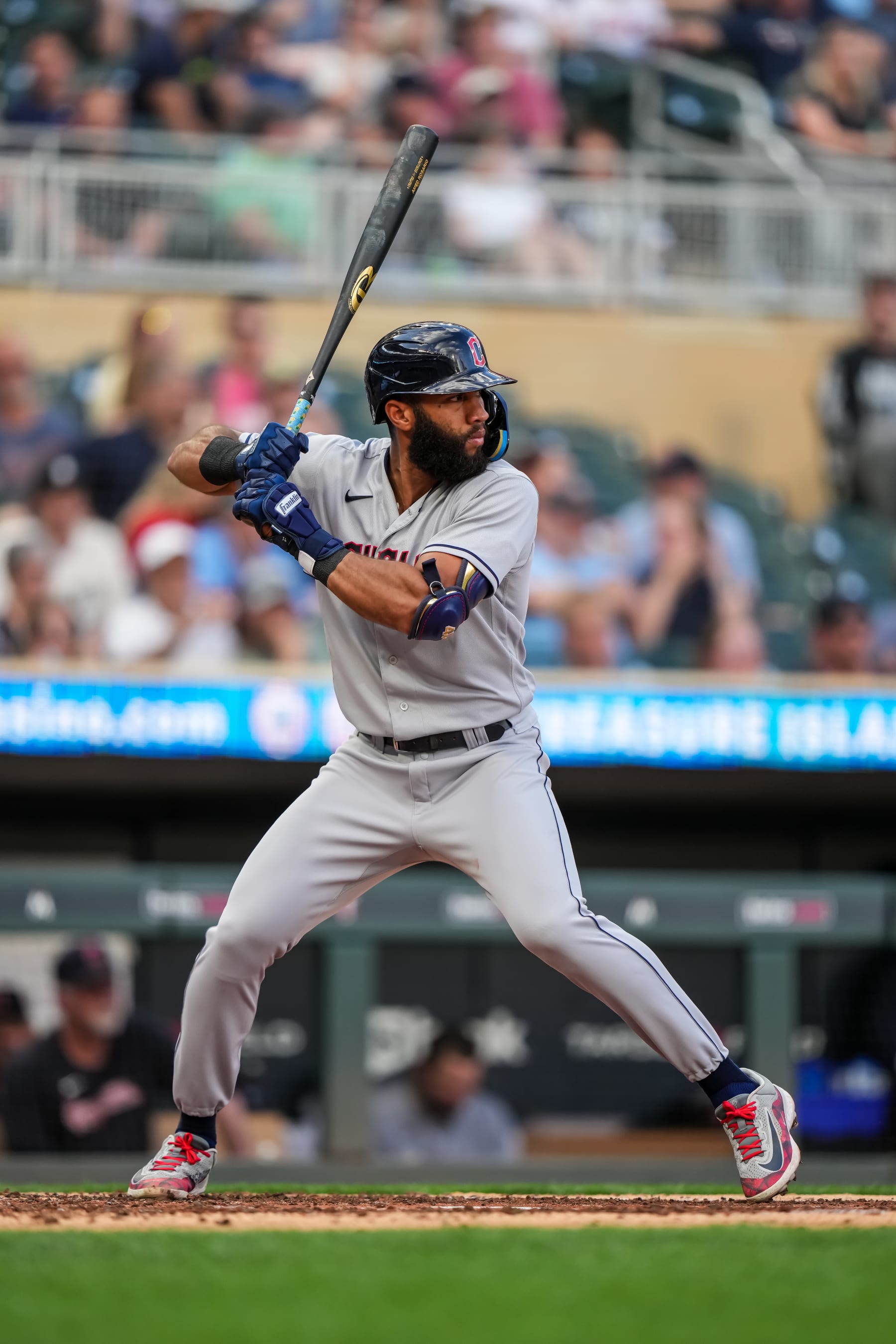 MINNEAPOLIS, MN - JUNE 01: Amed Rosario #1 of the Cleveland Guardians bats against the Minnesota Twins on June 1, 2023 at Target Field in Minneapolis, Minnesota. (Photo by Brace Hemmelgarn/Minnesota Twins/Getty Images)