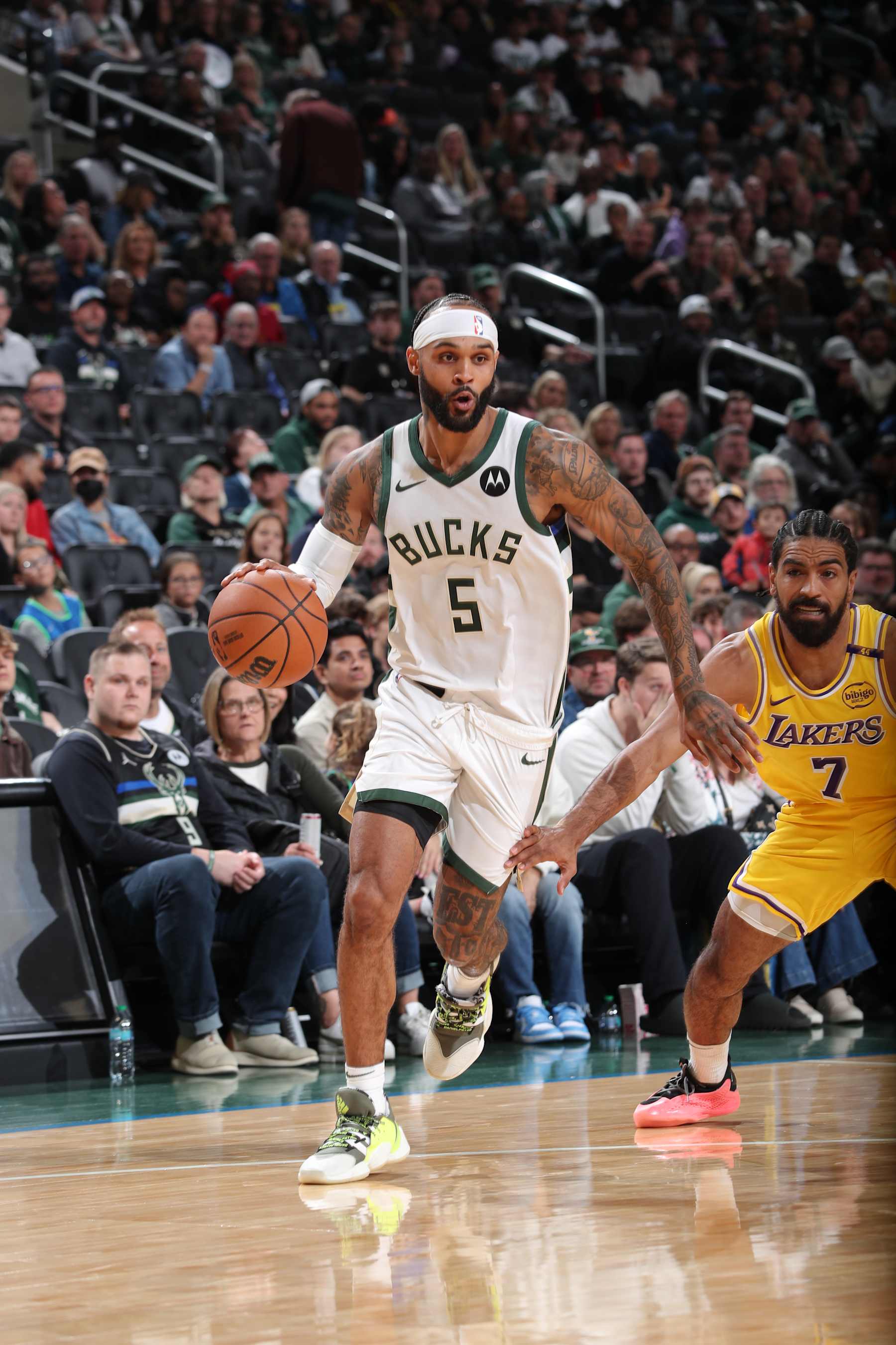MILWAUKEE, WI - OCTOBER 10: Gary Trent Jr. #5 of the Milwaukee Bucks drives to the basket during the game against the Los Angeles Lakers during a preseason game on October 10, 2024 at Fiserv Forum Center in Milwaukee, Wisconsin. NOTE TO USER: User expressly acknowledges and agrees that, by downloading and or using this Photograph, user is consenting to the terms and conditions of the Getty Images License Agreement. Mandatory Copyright Notice: Copyright 2024 NBAE (Photo by Gary Dineen/NBAE via Getty Images).
