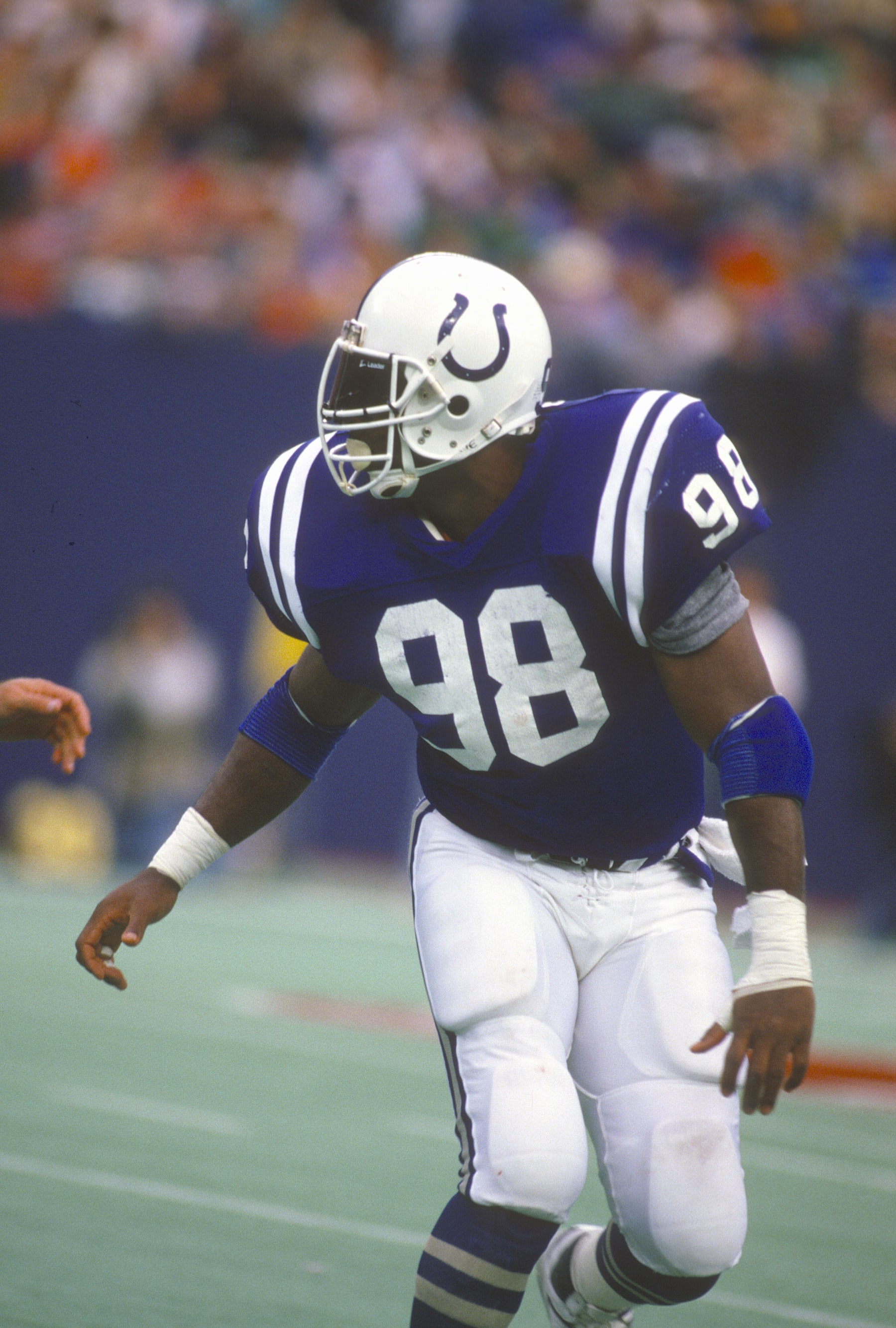 EAST RUTHERFORD - NOVEMBER 21:  Johnie Cooks #98 in action against the New York Jets during an NFL football game November 21, 1982 at Giants Stadium in East Rutherford, New Jersey. Cooks played for the Colts from 1982-88.  (Photo by Focus on Sport/Getty Images)