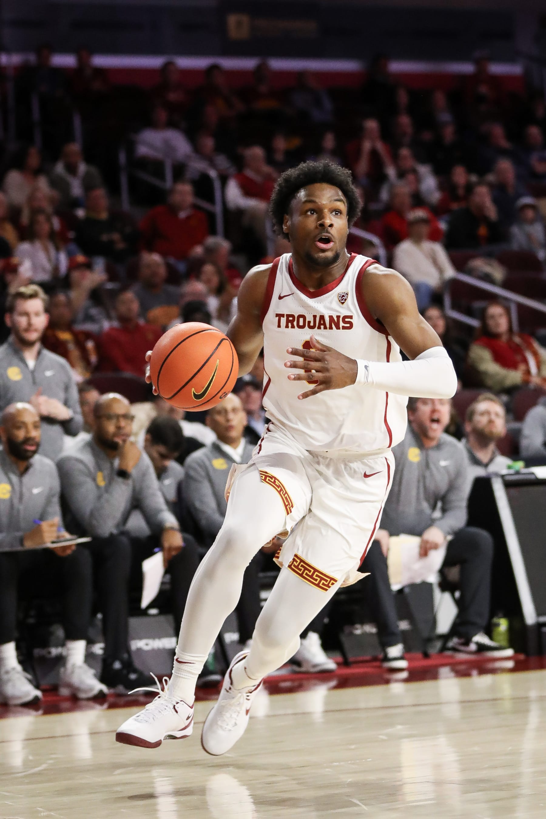 LOS ANGELES, CALIFORNIA - JANUARY 03: Bronny James #6 of the USC Trojans looks to shoot in the first half against the California Golden Bears at Galen Center on January 03, 2024 in Los Angeles, California. (Photo by Meg Oliphant/Getty Images)