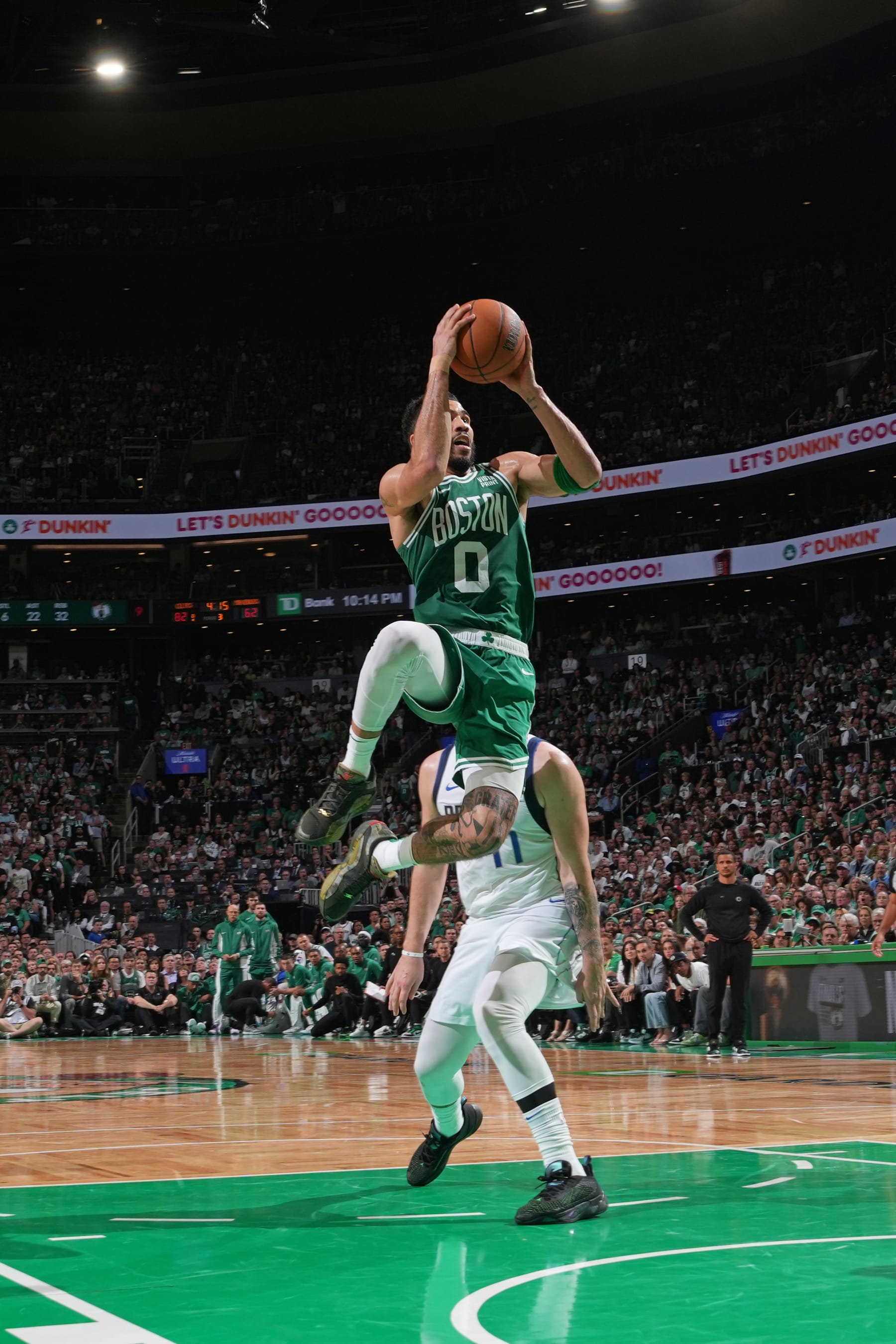 BOSTON, MA - JUNE 17: Jayson Tatum #0 of the Boston Celtics drives to the basket during the game against the Dallas Mavericks during Game 5 of the 2024 NBA Finals on June 17, 2024 at the TD Garden in Boston, Massachusetts. NOTE TO USER: User expressly acknowledges and agrees that, by downloading and or using this photograph, User is consenting to the terms and conditions of the Getty Images License Agreement. Mandatory Copyright Notice: Copyright 2024 NBAE  (Photo by Jesse D. Garrabrant/NBAE via Getty Images)