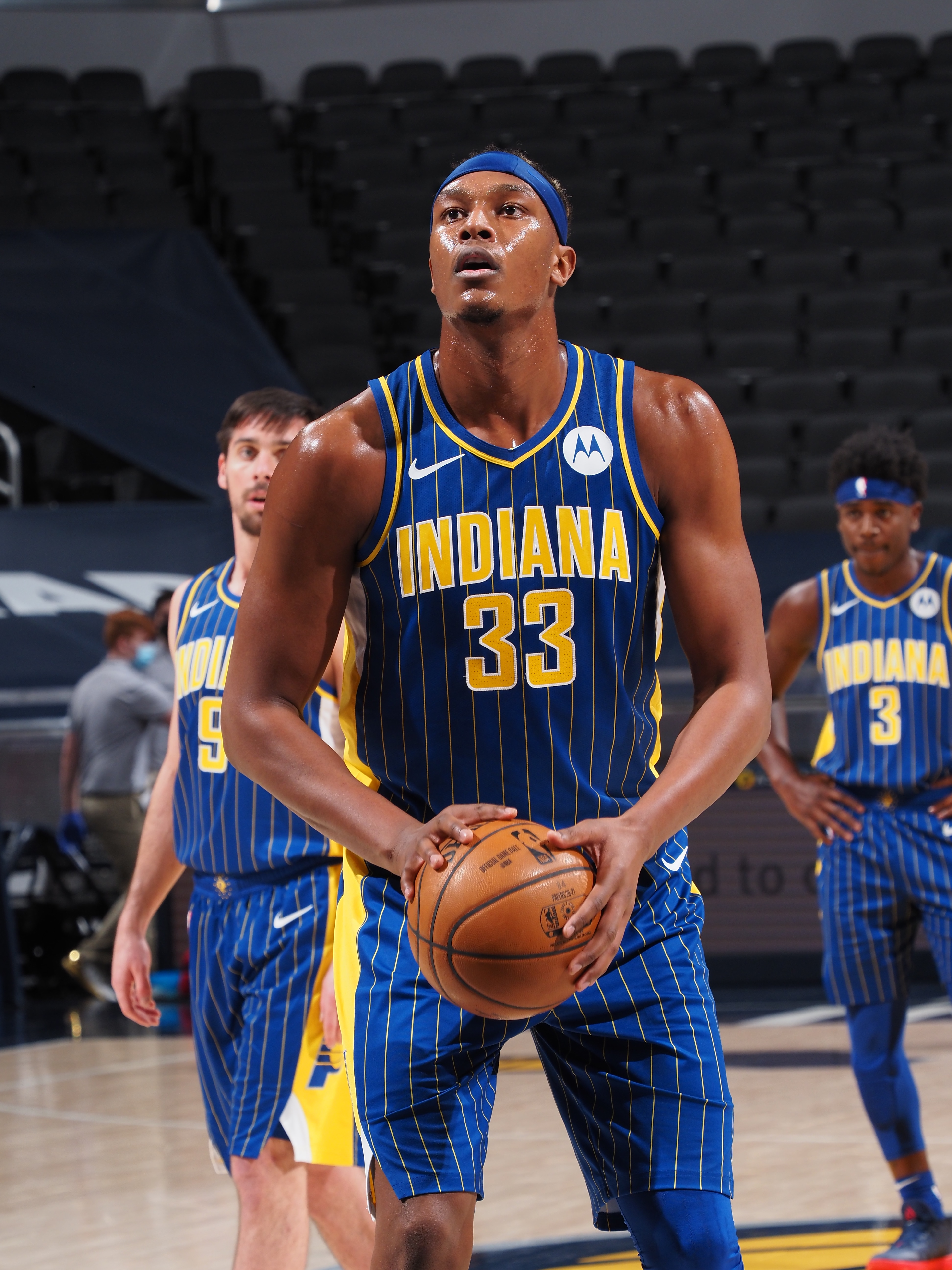 INDIANAPOLIS, IN - FEBRUARY 15: Myles Turner #33 of the Indiana Pacers shoots a free throw against the Chicago Bulls on February 15, 2021 at Bankers Life Fieldhouse in Indianapolis, Indiana. NOTE TO USER: User expressly acknowledges and agrees that, by downloading and or using this Photograph, user is consenting to the terms and conditions of the Getty Images License Agreement. Mandatory Copyright Notice: Copyright 2021 NBAE (Photo by Ron Hoskins/NBAE via Getty Images)
