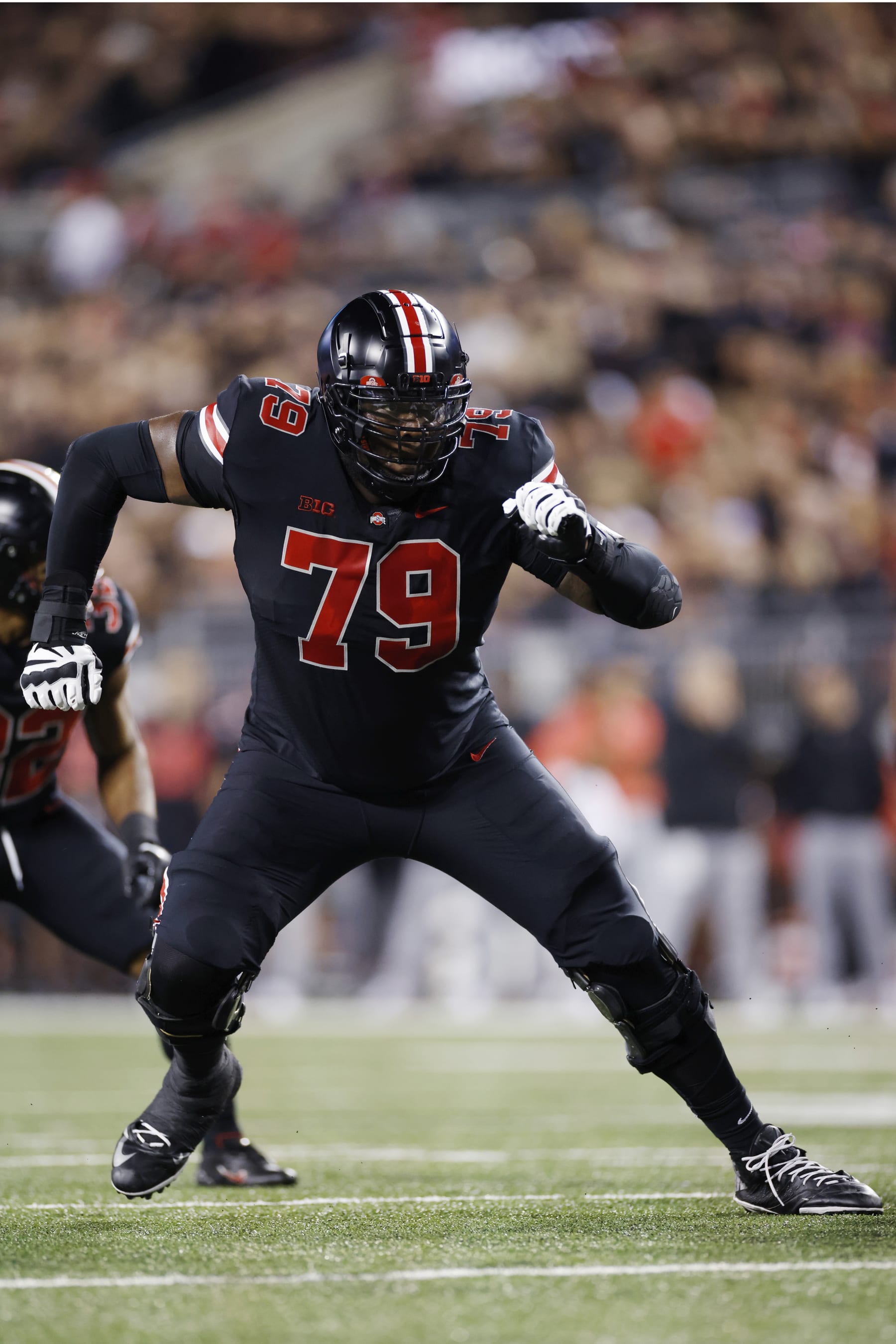 COLUMBUS, OH - SEPTEMBER 24: Ohio State Buckeyes offensive lineman Dawand Jones (79) blocks during a college football game against the Wisconsin Badgers on September 24, 2022 at Ohio Stadium in Columbus, Ohio. (Photo by Joe Robbins/Icon Sportswire via Getty Images)