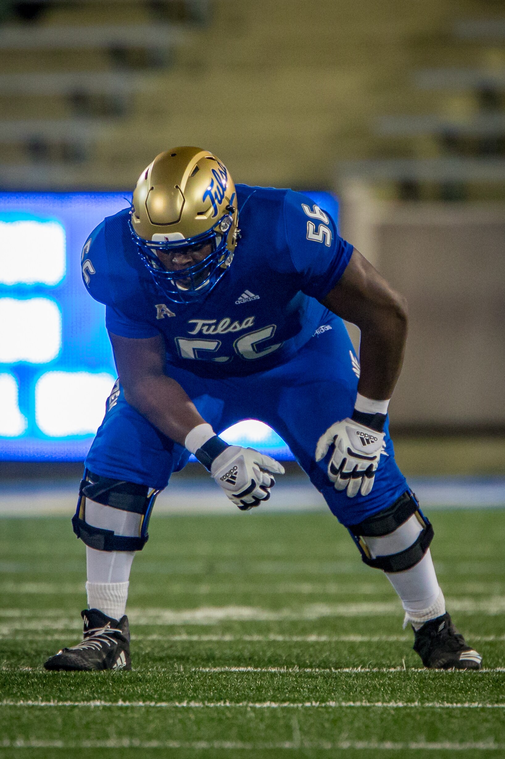 TULSA, OK - NOVEMBER 14: Tulsa Golden Hurricane offensive lineman Tyler Smith (56) on the field against the Southern Methodist Mustangs at H.A Chapman Stadium in Tulsa, Ok. (Photo by William Purnell/Icon Sportswire via Getty Images)
