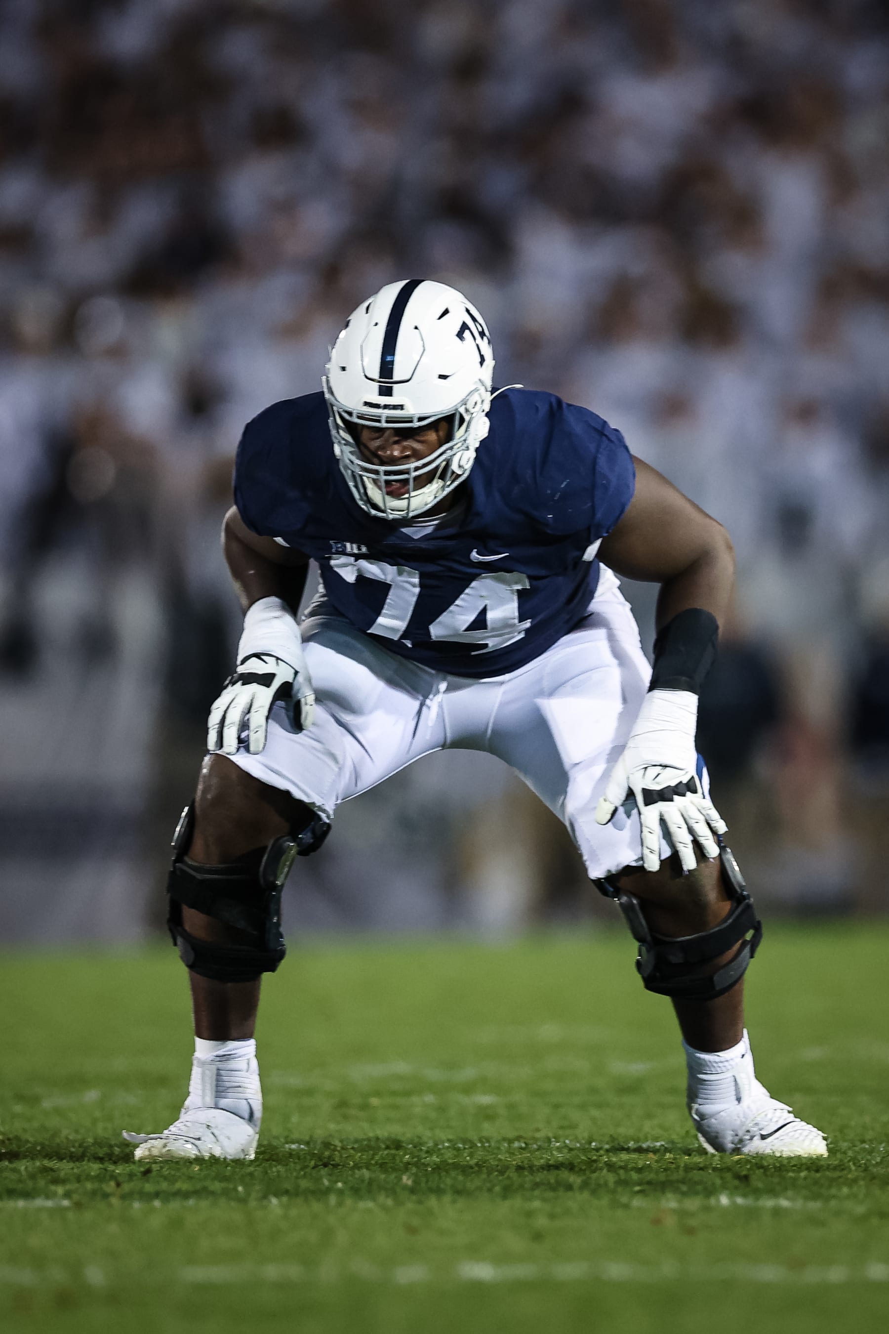 STATE COLLEGE, PA - OCTOBER 22: Olumuyiwa Fashanu #74 of the Penn State Nittany Lions lines up against the Minnesota Golden Gophers during the second half at Beaver Stadium on October 22, 2022 in State College, Pennsylvania. (Photo by Scott Taetsch/Getty Images)