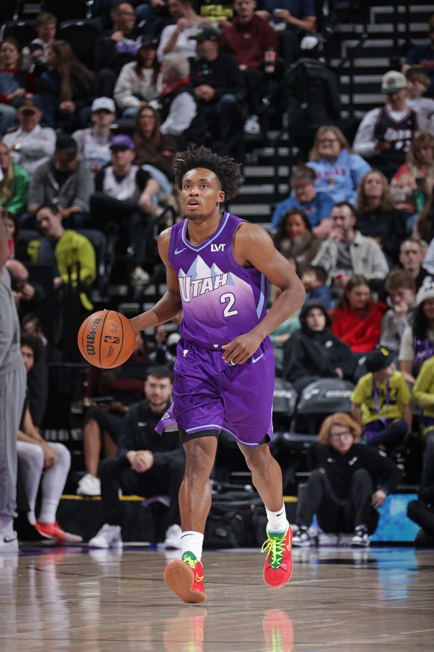 SALT LAKE CITY, UT - JANUARY 12: Collin Sexton #2 of the Utah Jazz handles the ball during the game against the Brooklyn Nets on January 12, 2025 at Delta Center in Salt Lake City, Utah. NOTE TO USER: User expressly acknowledges and agrees that, by downloading and or using this Photograph, User is consenting to the terms and conditions of the Getty Images License Agreement. Mandatory Copyright Notice: Copyright 2025 NBAE (Photo by Melissa Majchrzak/NBAE via Getty Images)