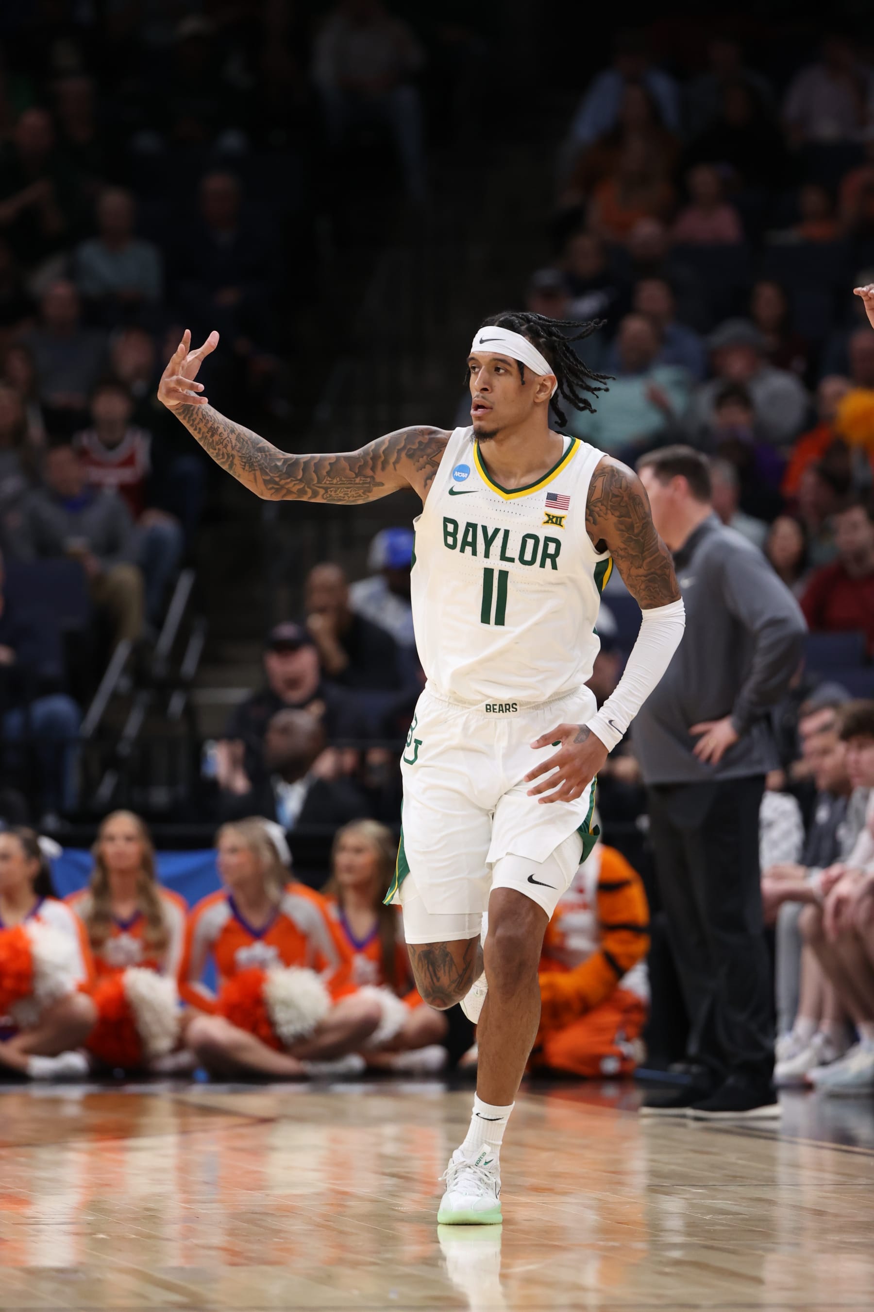 MEMPHIS, TENNESSEE - MARCH 24: Jalen Bridges #11 of the Baylor Bears celebrates a three point basket during a game against the Clemson Tigers during the second round of the 2024 NCAA Men's Basketball Tournament held at FedExForum on March 24, 2024 in Memphis, Tennessee. (Photo by Joe Murphy/NCAA Photos via Getty Images)