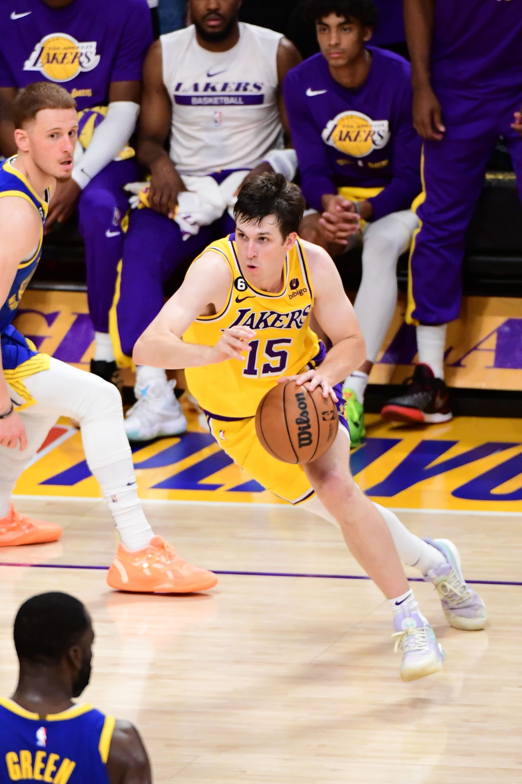 LOS ANGELES, CA - MAY 12: Austin Reaves #15 of the Los Angeles Lakers drives to the basket during the game against the Golden State Warriors during the Western Conference Semi-Finals of the 2023 NBA Playoffs on May 12, 2023 at Crypto.Com Arena in Los Angeles, California. NOTE TO USER: User expressly acknowledges and agrees that, by downloading and/or using this Photograph, user is consenting to the terms and conditions of the Getty Images License Agreement. Mandatory Copyright Notice: Copyright 2023 NBAE (Photo by Adam Pantozzi/NBAE via Getty Images)