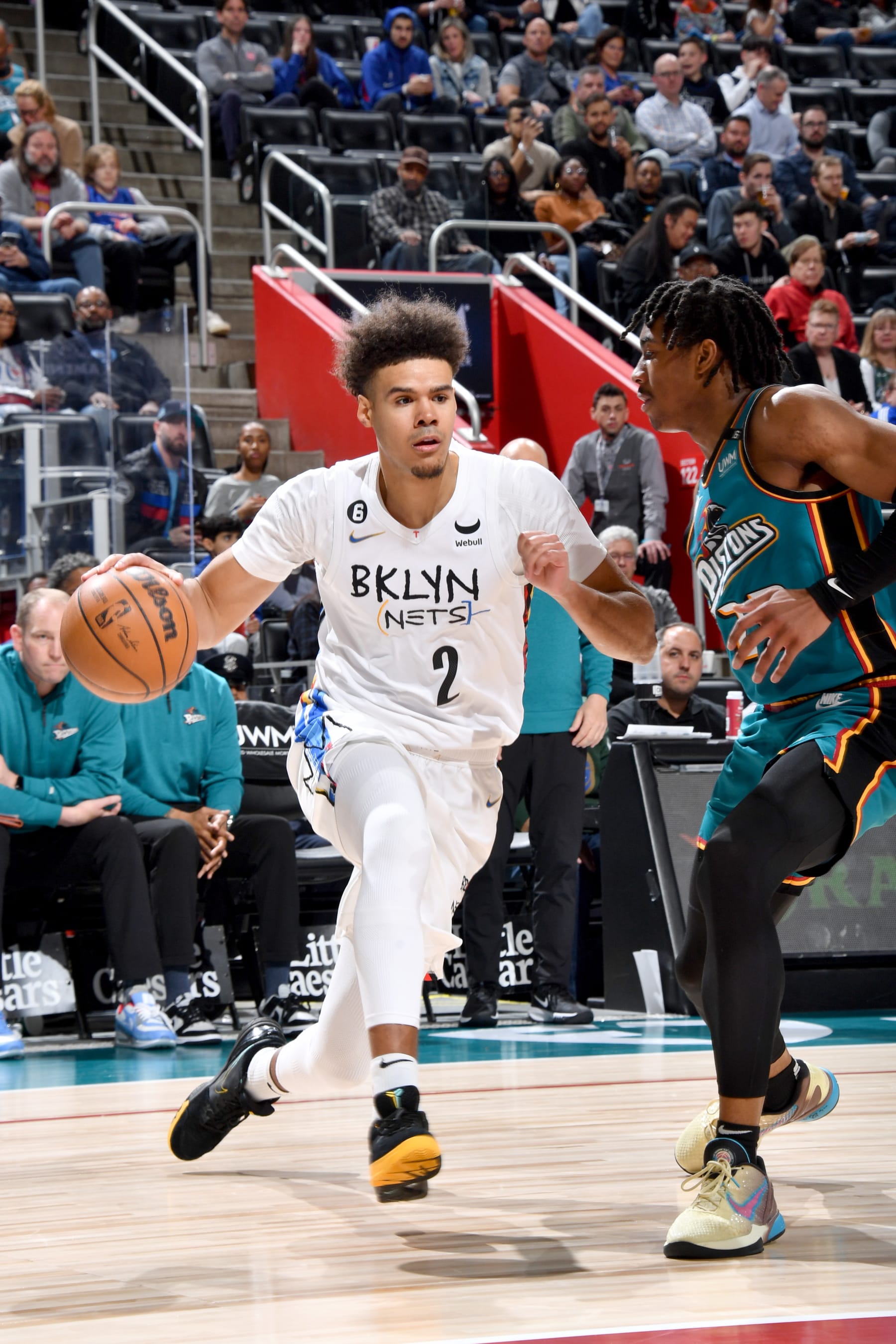 DETROIT, MI - APRIL 5:  Cameron Johnson #2 of the Brooklyn Nets drives against the Detroit Pistons on April 5, 2023 at Little Caesars Arena in Detroit, Michigan. NOTE TO USER: User expressly acknowledges and agrees that, by downloading and/or using this photograph, User is consenting to the terms and conditions of the Getty Images License Agreement. Mandatory Copyright Notice: Copyright 2023 NBAE (Photo by Chris Schwegler/NBAE via Getty Images)