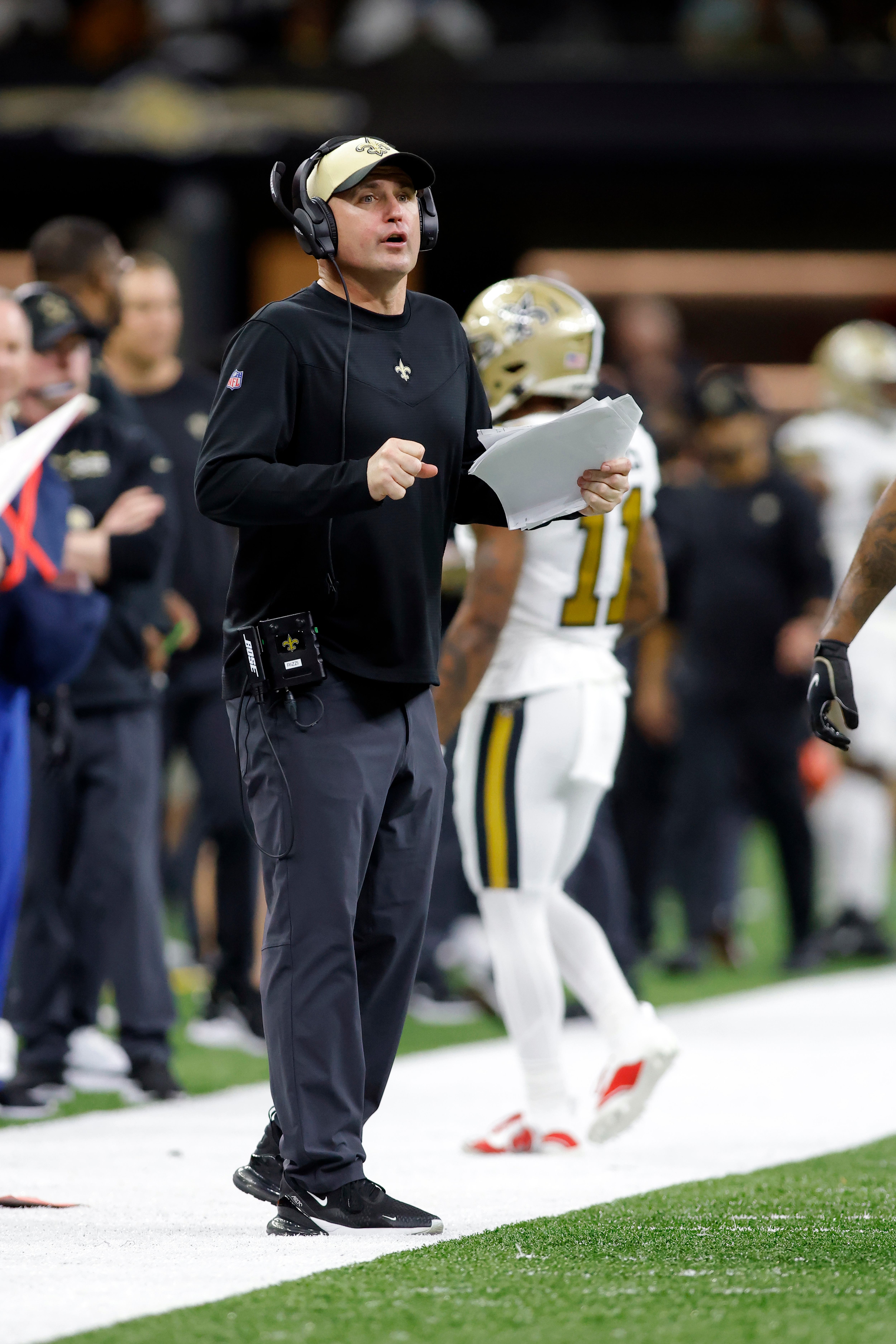 New Orleans Saints special teams coordinator Darren Rizzi reacts to a call during an NFL football game against the Dallas Cowboys, Thursday, Dec. 2, 2021, in New Orleans. (AP Photo/Tyler Kaufman)