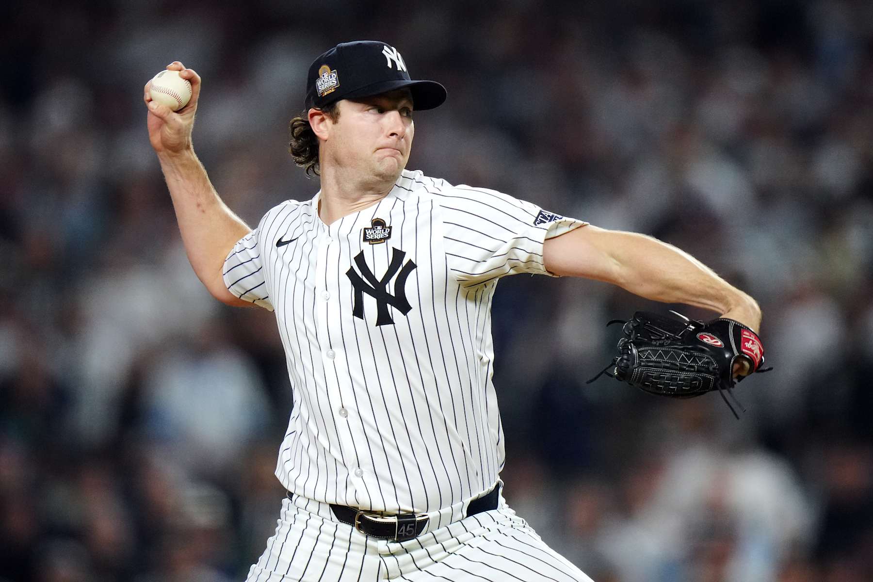 NEW YORK, NY - OCTOBER 30: Gerrit Cole #45 of the New York Yankees pitches in the second inning during Game 5 of the 2024 World Series presented by Capital One between the Los Angeles Dodgers and the New York Yankees at Yankee Stadium on Wednesday, October 30, 2024 in New York, New York. (Photo by Daniel Shirey/MLB Photos via Getty Images)