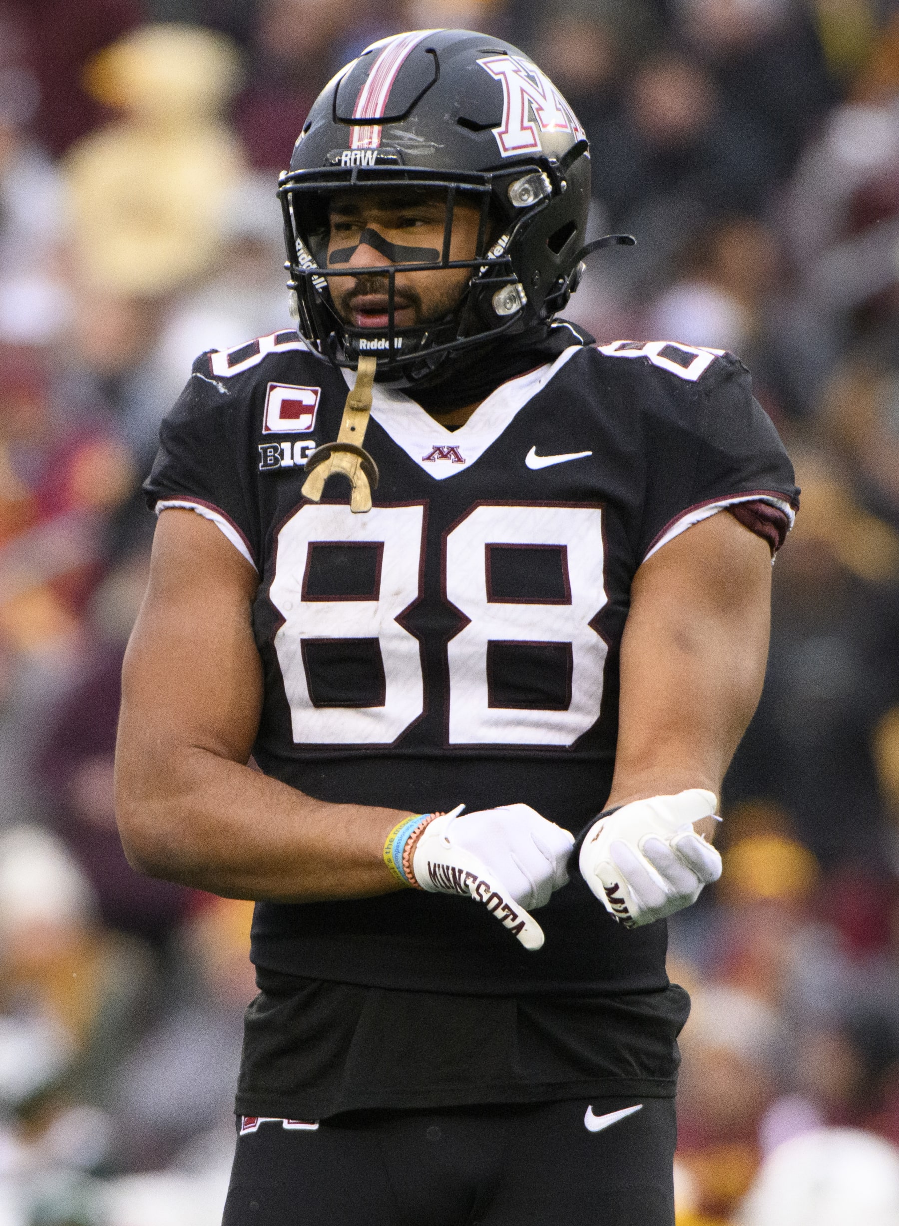 MINNEAPOLIS, MINNESOTA - OCTOBER 28: Brevyn Spann-Ford #88 of the Minnesota Golden Gophers looks on in the third quarter of the game against the Michigan State Spartans at Huntington Bank Stadium on October 28, 2023 in Minneapolis, Minnesota. (Photo by Stephen Maturen/Getty Images)