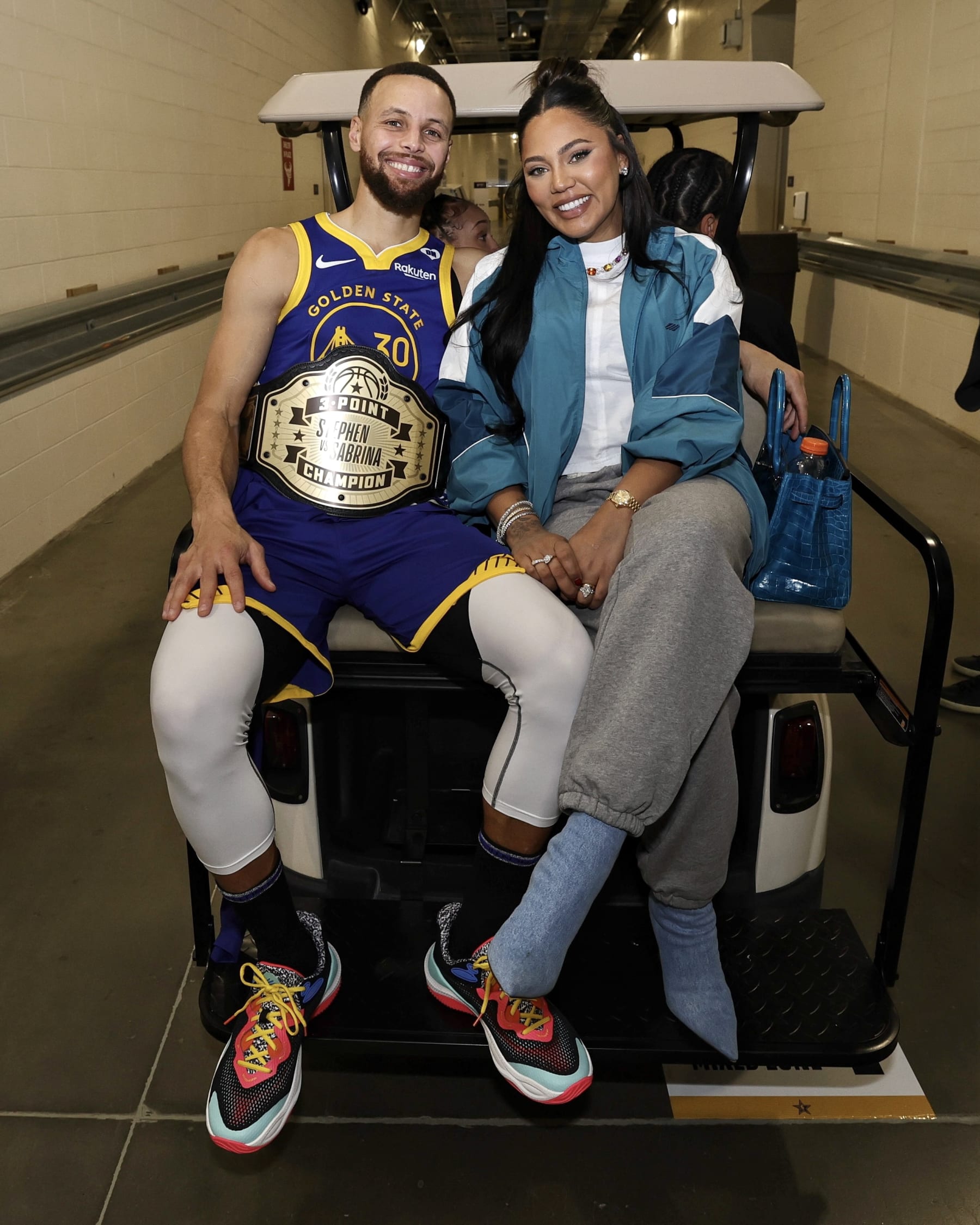 INDIANAPOLIS, IN - FEBRUARY 17: Stephen Curry #30 of the Golden State Warriors and Ayesha Curry pose for a photo after the Stephen vs. Sabrina 3-Point Challenge as a part of State Farm All-Star Saturday Night on Saturday, February 17, 2024 at Lucas Oil Stadium in Indianapolis, Indiana. NOTE TO USER: User expressly acknowledges and agrees that, by downloading and/or using this Photograph, user is consenting to the terms and conditions of the Getty Images License Agreement. Mandatory Copyright Notice: Copyright 2024 NBAE (Photo by Jim Poorten/NBAE via Getty Images)
