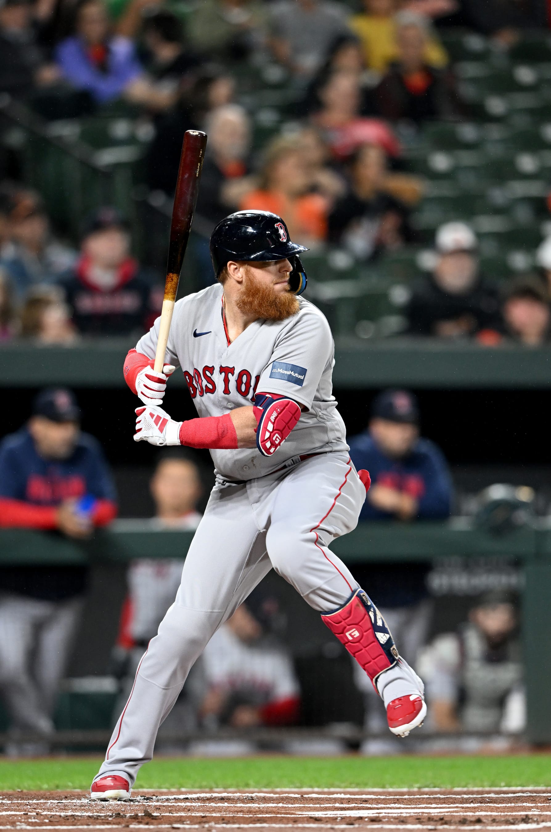 BALTIMORE, MARYLAND - SEPTEMBER 29: Justin Turner #2 of the Boston Red Sox bats against the Baltimore Orioles at Oriole Park at Camden Yards on September 29, 2023 in Baltimore, Maryland. (Photo by G Fiume/Getty Images)