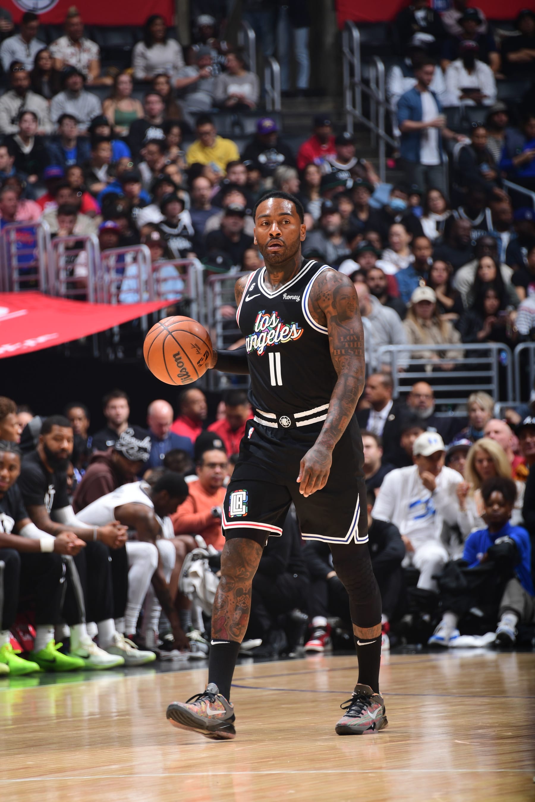 LOS ANGELES, CA - NOVEMBER 12: John Wall #11 of the LA Clippers dribbles the ball during the game against the Brooklyn Nets on November 12, 2022 at Crypto.com Arena in Los Angeles, California. NOTE TO USER: User expressly acknowledges and agrees that, by downloading and/or using this Photograph, user is consenting to the terms and conditions of the Getty Images License Agreement. Mandatory Copyright Notice: Copyright 2022 NBAE (Photo by Adam Pantozzi/NBAE via Getty Images)