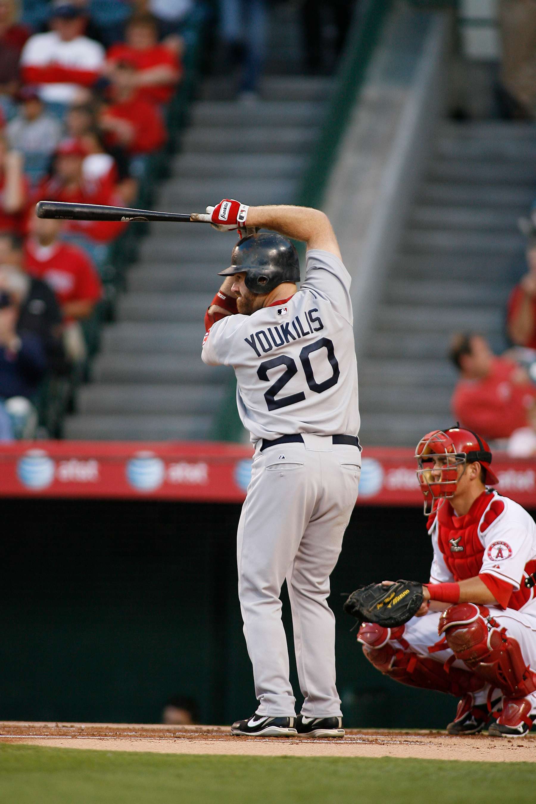 ANAHEIM, CA - JULY 27:  Kevin Youkilis #20 of the Boston Red Sox bats during the game against the Los Angeles Angels of Anaheim at Angel Stadium on July 27, 2010 in Anaheim, California.  The Red Sox defeated the Angels 4-2.  (Photo by Rob Leiter/MLB Photos via Getty Images)