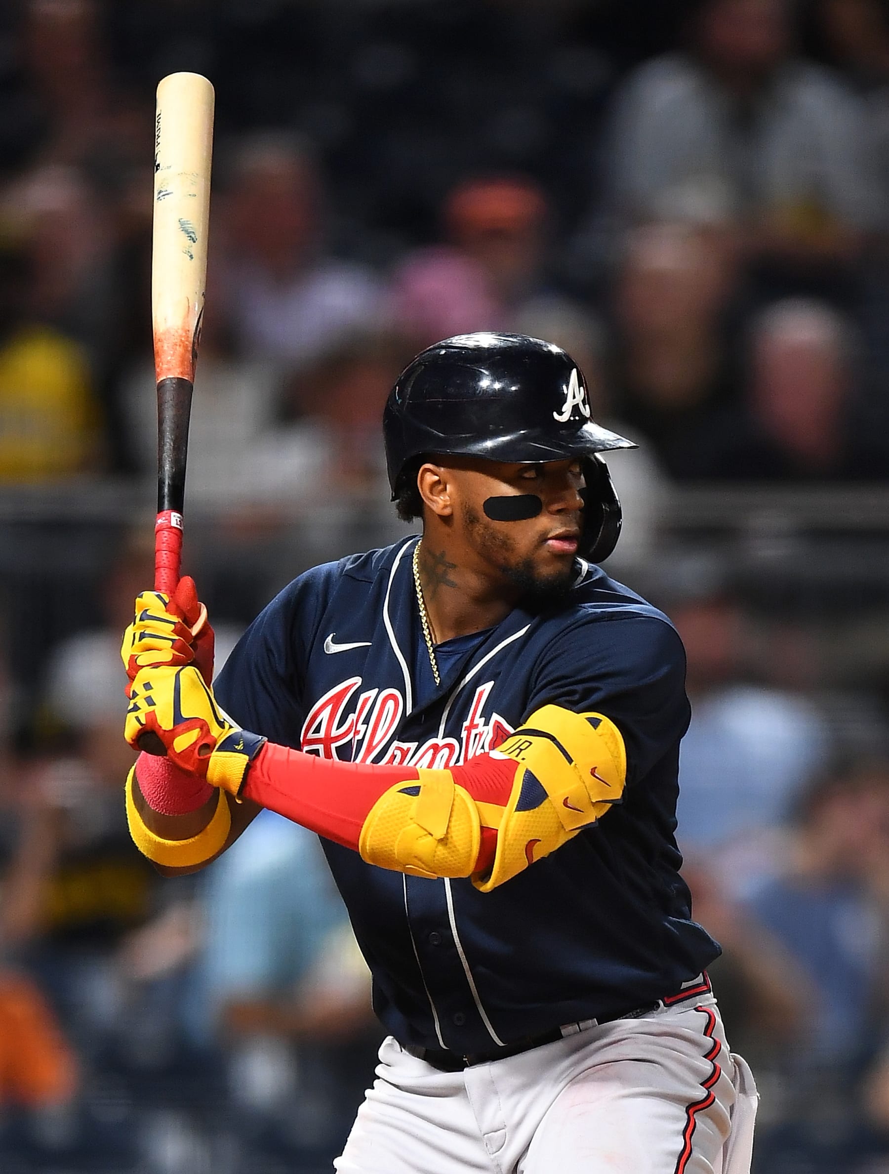 PITTSBURGH, PA - AUGUST 23:  Ronald Acuna Jr. #13 of the Atlanta Braves in action during the game against the Pittsburgh Pirates at PNC Park on August 23, 2022 in Pittsburgh, Pennsylvania. (Photo by Joe Sargent/Getty Images)