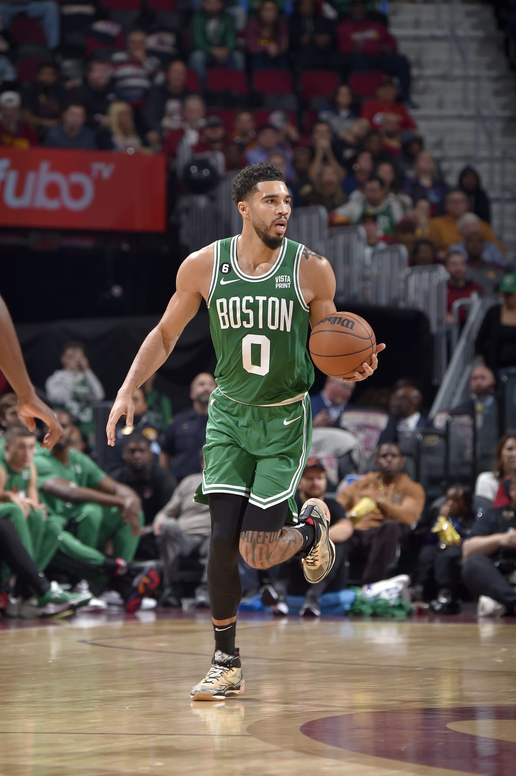 CLEVELAND, OH - NOVEMBER 2: Jayson Tatum #0 of the Boston Celtics dribbles the ball against the Cleveland Cavaliers on November 2, 2022 at Rocket Mortgage FieldHouse in Cleveland, Ohio. NOTE TO USER: User expressly acknowledges and agrees that, by downloading and/or using this Photograph, user is consenting to the terms and conditions of the Getty Images License Agreement. Mandatory Copyright Notice: Copyright 2022 NBAE (Photo by David Liam Kyle/NBAE via Getty Images)