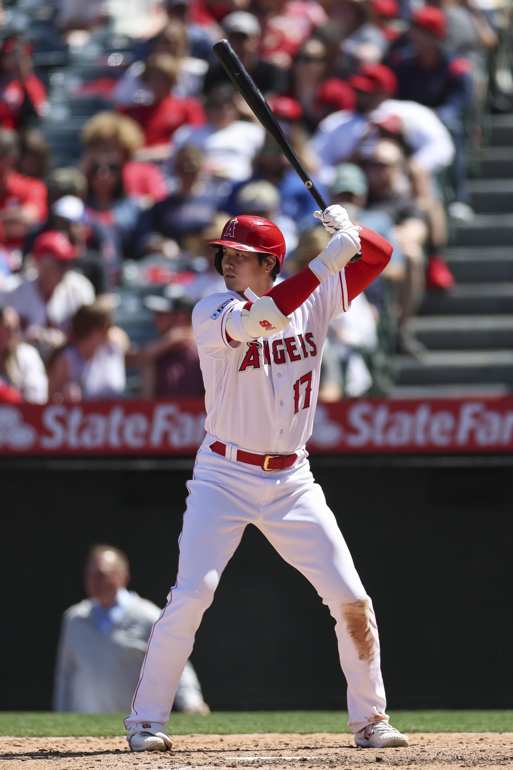 ANAHEIM, CA - APRIL 09: Los Angeles Angels designated hitter Shohei Ohtani (17) waits for the pitch during a regular season game between the Los Angeles Angels and Toronto Blue Jays on April 9, 2023 at Angel Stadium in Anaheim, CA. (Photo by Brandon Sloter/Icon Sportswire via Getty Images)