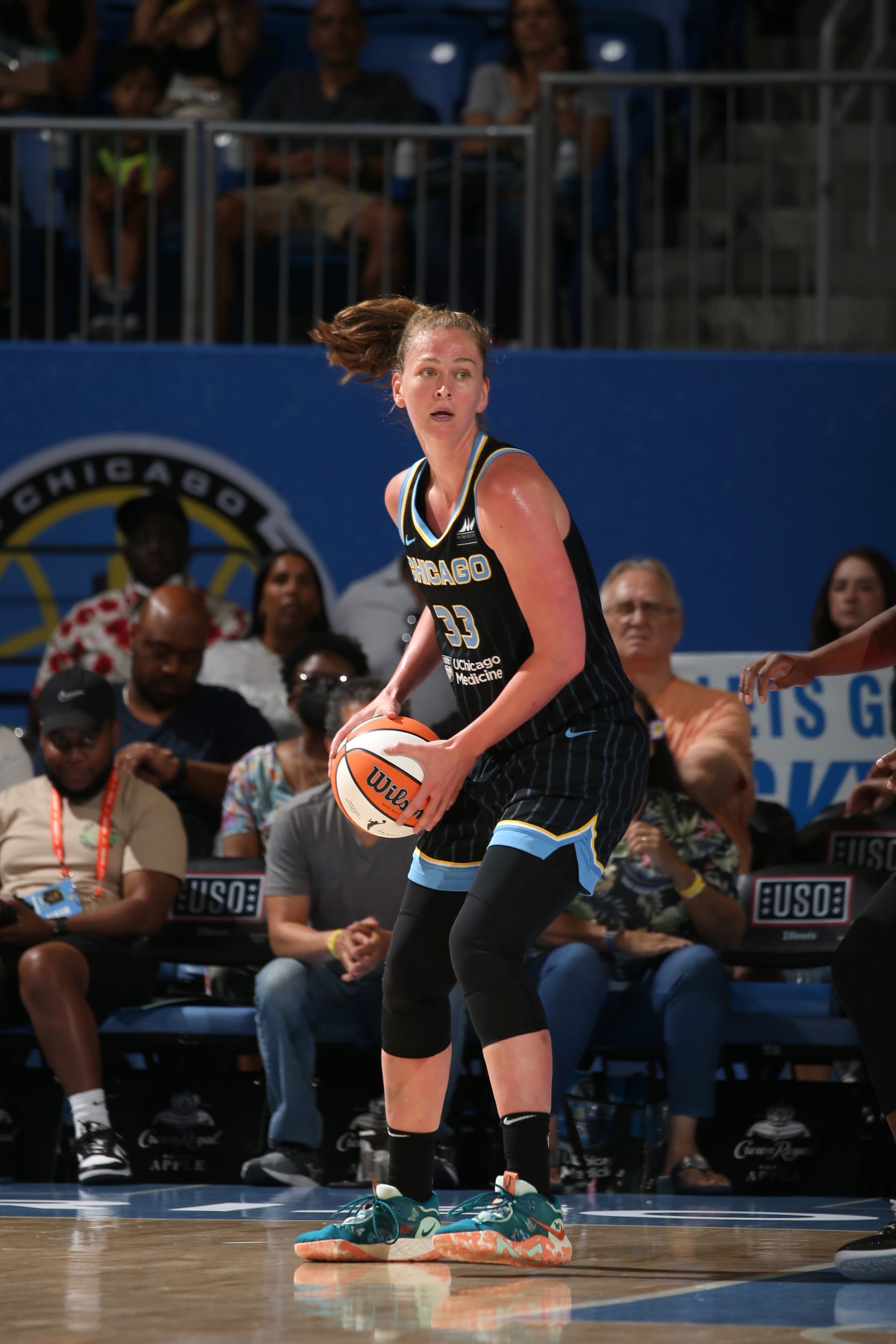 CHICAGO, IL - AUGUST 5: Emma Meesseman #33 of the Chicago Sky handles the ball during the game against the Washington Mystics on August 5, 2022 at the Wintrust Arena in Chicago, Illinois. NOTE TO USER: User expressly acknowledges and agrees that, by downloading and or using this photograph, user is consenting to the terms and conditions of the Getty Images License Agreement.  Mandatory Copyright Notice: Copyright 2022 NBAE (Photo by Gary Dineen/NBAE via Getty Images)