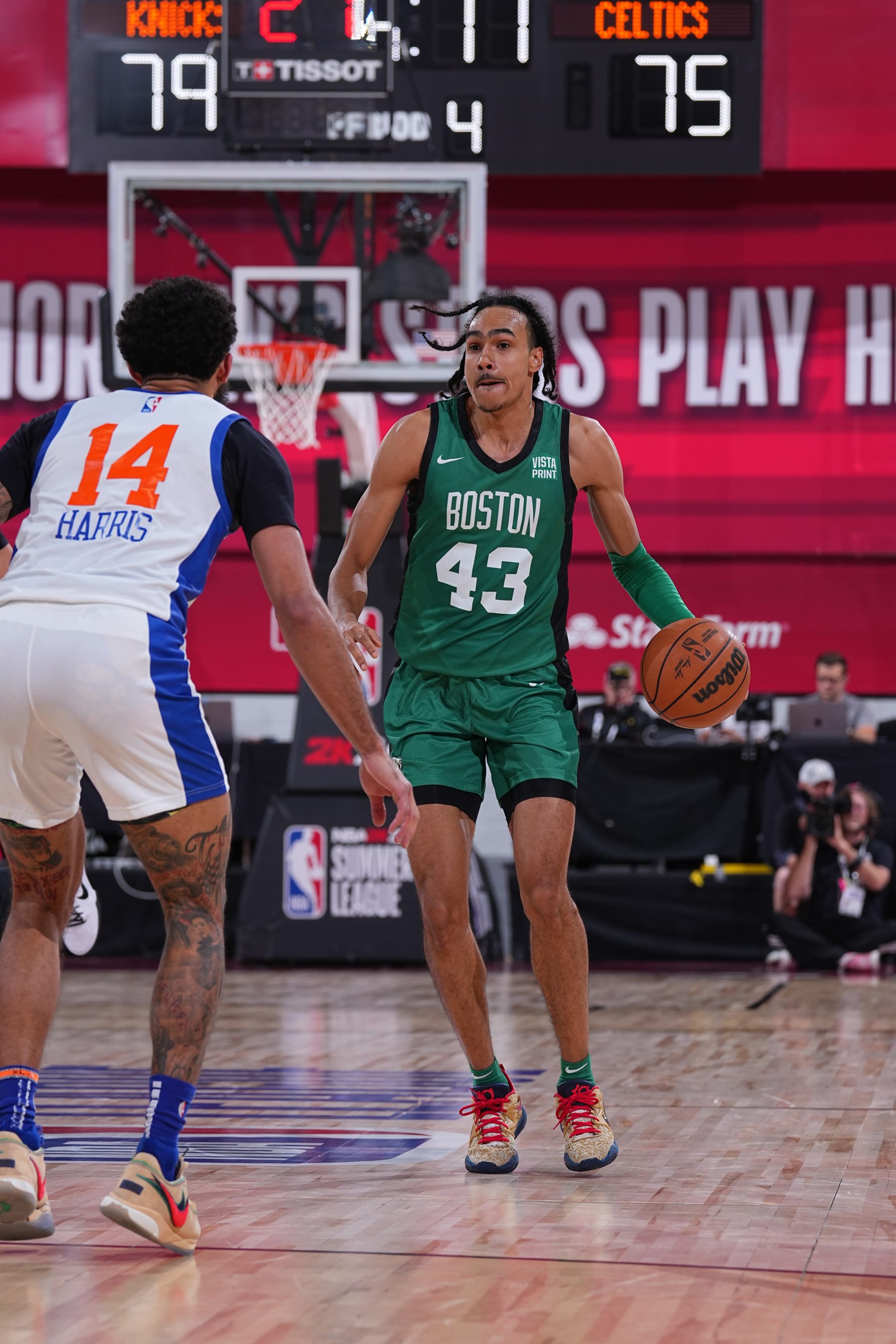 LAS VEGAS, NV - JULY 14: Dalano Banton #43 of the Boston Celtics dribbles the ball during the game against the New York Knicks during the 2023 NBA Las Vegas Summer League on July 14, 2023 at the Cox Pavilion in Las Vegas, Nevada. NOTE TO USER: User expressly acknowledges and agrees that, by downloading and or using this photograph, User is consenting to the terms and conditions of the Getty Images License Agreement. Mandatory Copyright Notice: Copyright 2023 NBAE (Photo by Bart Young/NBAE via Getty Images)
