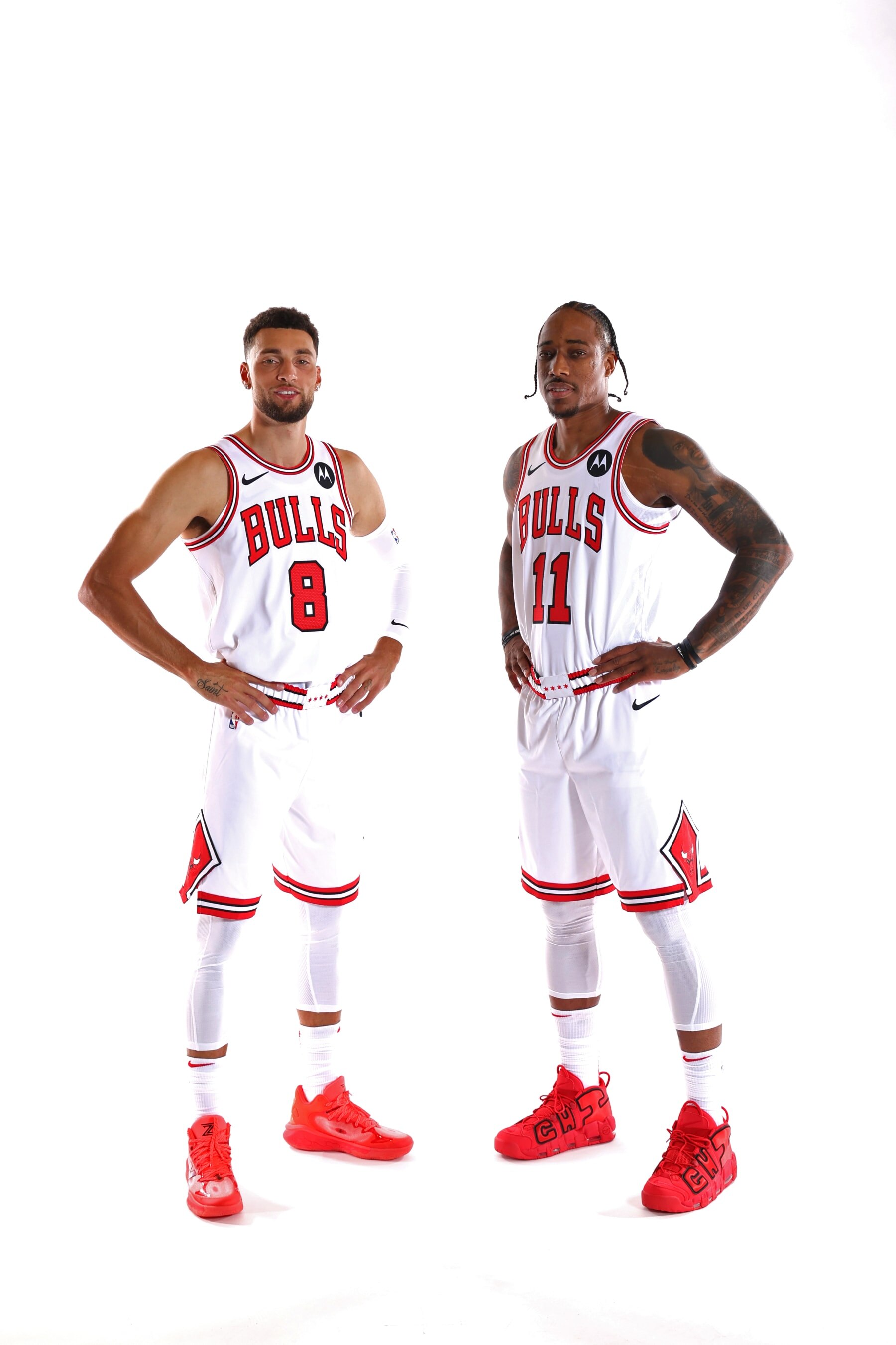 CHICAGO, IL- OCTOBER 2: Zach Lavine #8 and Demar DeRozan #11 of the Chicago Bulls poses for a portrait for Media Day at the Barclays Center in Chicago, Illinois.  NOTE TO USER: User expressly acknowledges and agrees that, by downloading and or using this photograph, User is consenting to the terms and conditions of the Getty Images License Agreement. Mandatory Copyright Notice: Copyright 2023 NBAE  (Photo by Jeff Haynes/NBAE via Getty Images)