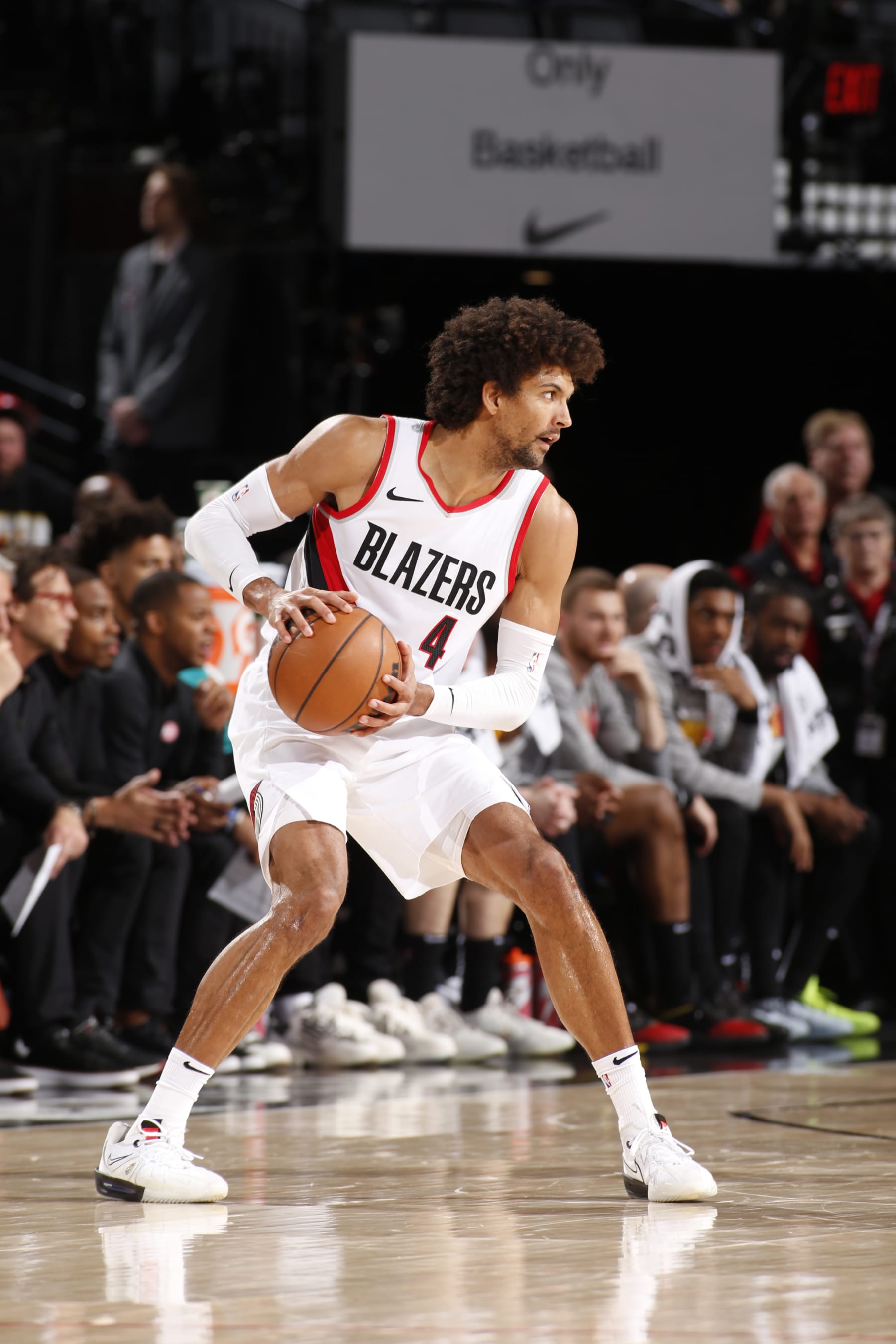 PORTLAND, OR - MARCH 13:  Matisse Thybulle #4 of the Portland Trail Blazers handles the ball during the game  on March 13, 2024 at the Moda Center Arena in Portland, Oregon. NOTE TO USER: User expressly acknowledges and agrees that, by downloading and or using this photograph, user is consenting to the terms and conditions of the Getty Images License Agreement. Mandatory Copyright Notice: Copyright 2024 NBAE (Photo by Cameron Browne/NBAE via Getty Images)