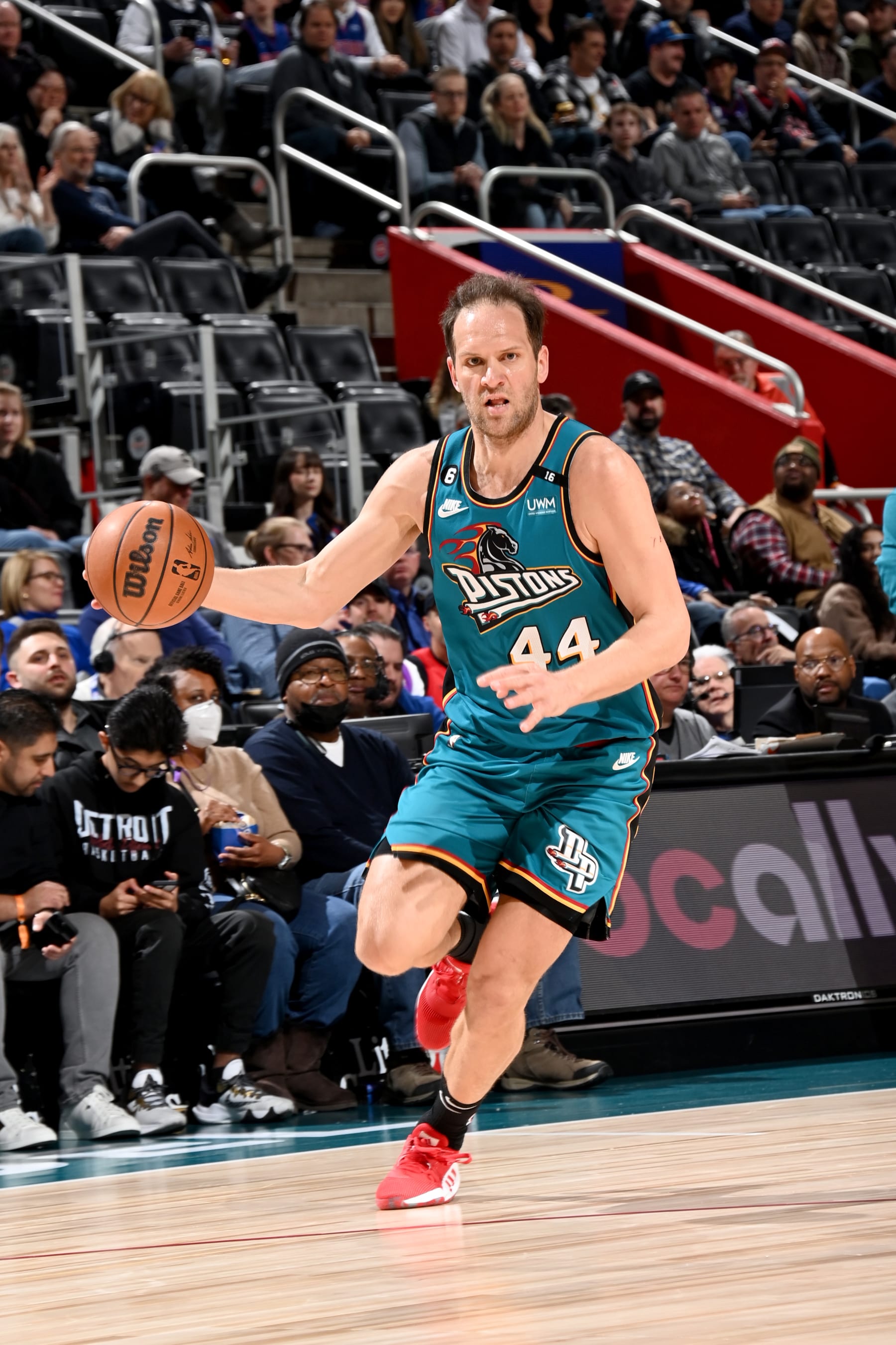 DETROIT, MI - FEBRUARY 25: Bojan Bogdanovic #44 of the Detroit Pistons dribbles the ball against the Toronto Raptorson February 25, 2023 at Little Caesars Arena in Detroit, Michigan. NOTE TO USER: User expressly acknowledges and agrees that, by downloading and/or using this photograph, User is consenting to the terms and conditions of the Getty Images License Agreement. Mandatory Copyright Notice: Copyright 2023 NBAE (Photo by Chris Schwegler/NBAE via Getty Images)