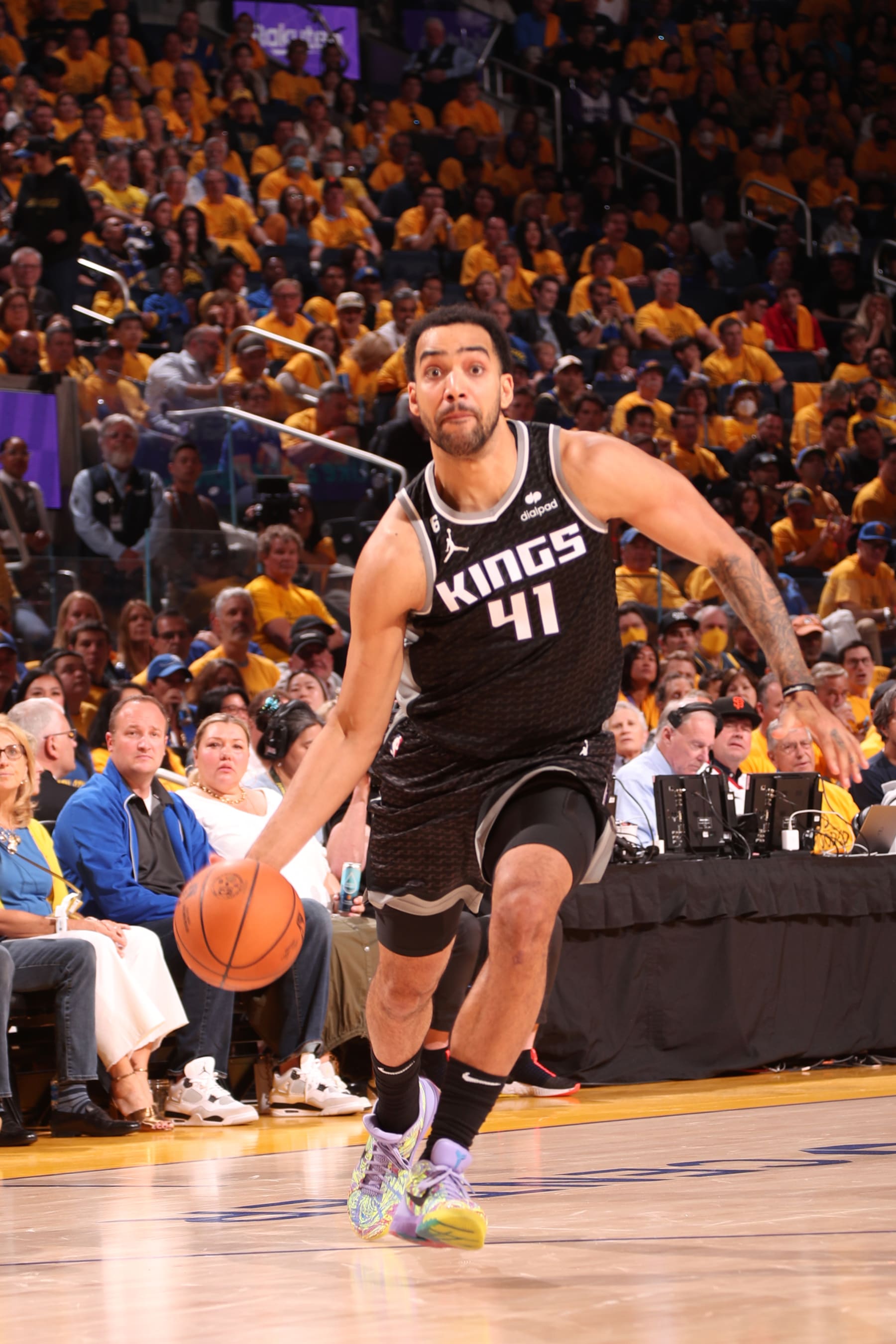 SAN FRANCISCO, CA - APRIL 23: Trey Lyles #41 of the Sacramento Kings moves the ball during Round 1 Game 4 of the 2023 NBA Playoffs on April 23, 2023 at Chase Center in San Francisco, California. NOTE TO USER: User expressly acknowledges and agrees that, by downloading and or using this photograph, user is consenting to the terms and conditions of Getty Images License Agreement. Mandatory Copyright Notice: Copyright 2023 NBAE (Photo by Jed Jacobsohn/NBAE via Getty Images)