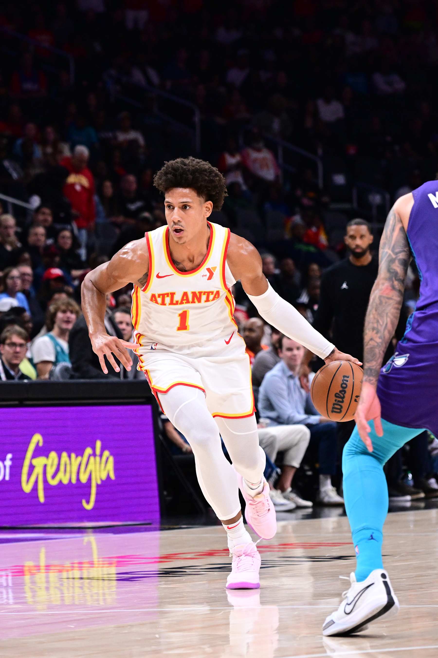 ATLANTA, GA - OCTOBER 25: Jalen Johnson #1 of the Atlanta Hawks dribbles the ball during the game against the Charlotte Hornets on October 25, 2024 at State Farm Arena in Atlanta, Georgia.  NOTE TO USER: User expressly acknowledges and agrees that, by downloading and/or using this Photograph, user is consenting to the terms and conditions of the Getty Images License Agreement. Mandatory Copyright Notice: Copyright 2024 NBAE (Photo by Adam Hagy/NBAE via Getty Images)