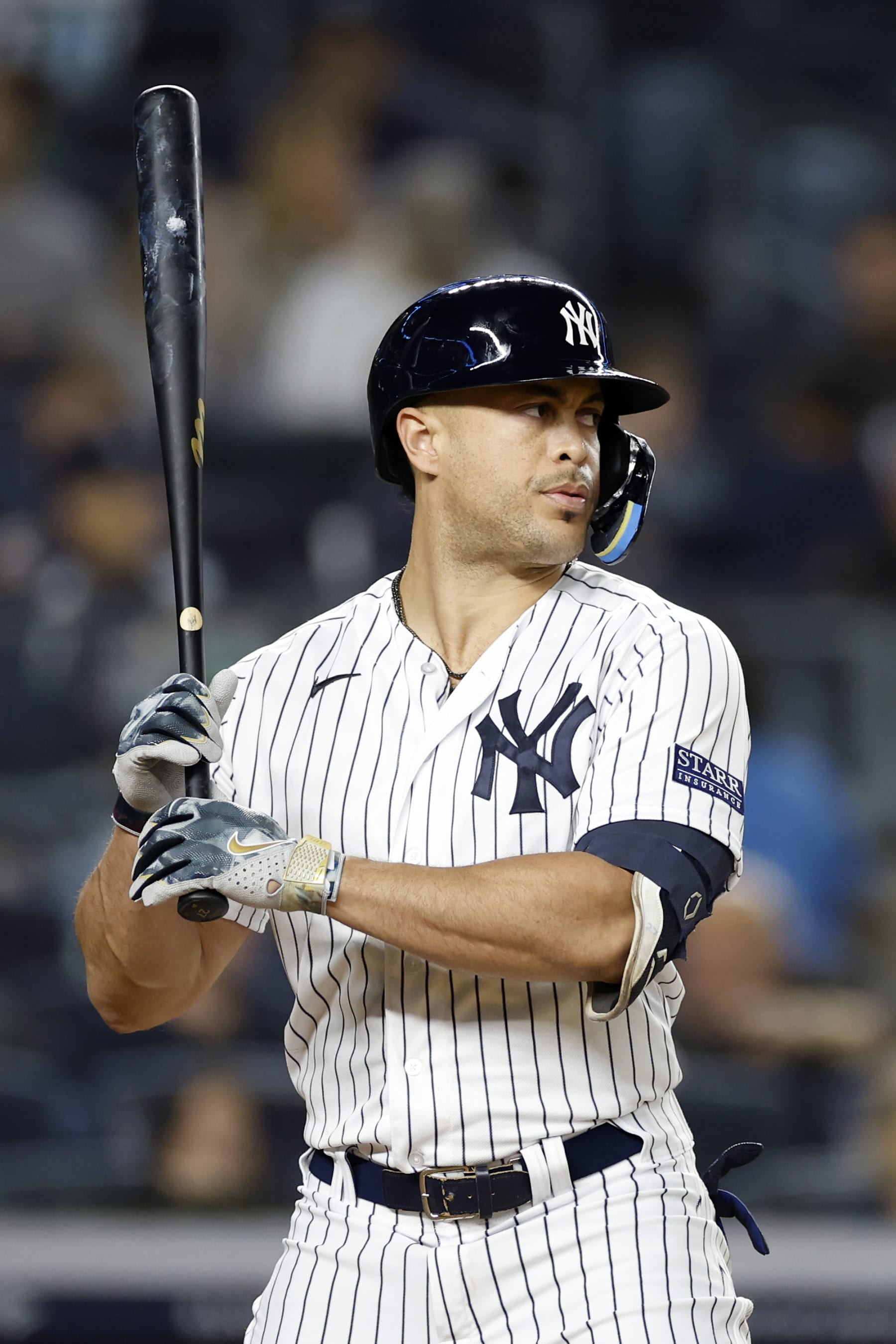 NEW YORK, NEW YORK - SEPTEMBER 22: Giancarlo Stanton #27 of the New York Yankees at bat during the game against the Arizona Diamondbacks at Yankee Stadium on September 22, 2023 in the Bronx borough of New York City. The Yankees won 7-1. (Photo by Sarah Stier/Getty Images)