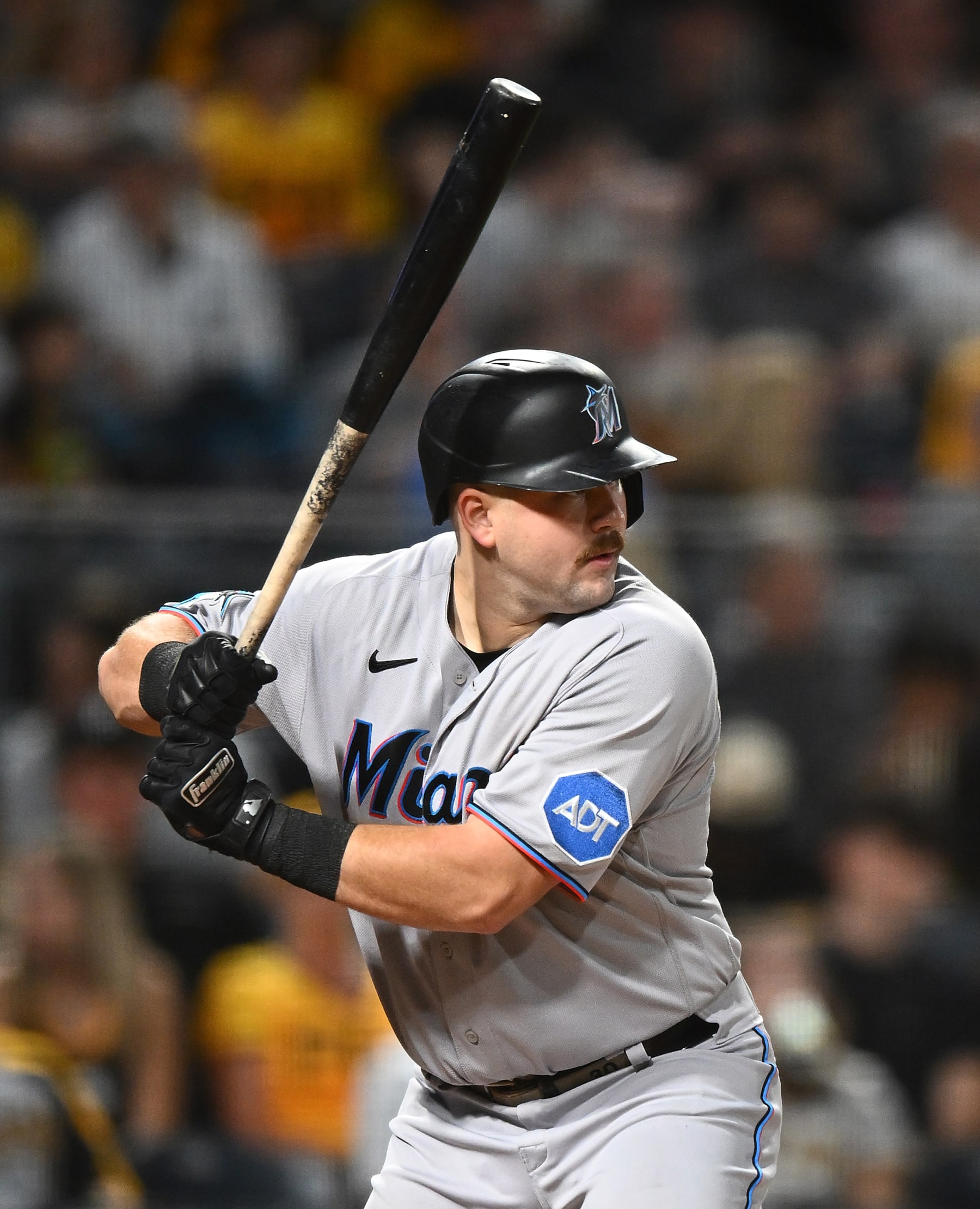 PITTSBURGH, PENNSYLVANIA - SEPTEMBER 30:  Jake Burger #36 of the Miami Marlins in action during the game against the Pittsburgh Pirates at PNC Park on September 30, 2023 in Pittsburgh, Pennsylvania. (Photo by Joe Sargent/Getty Images)
