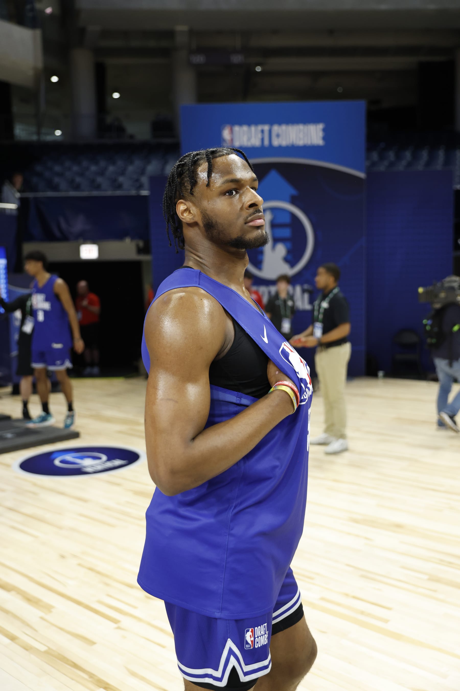 CHICAGO, IL - MAY 13: Bronny James looks on during the 2024 NBA Combine on May 13, 2024 at Wintrust Arena in Chicago, Illinois. NOTE TO USER: User expressly acknowledges and agrees that, by downloading and or using this photograph, User is consenting to the terms and conditions of the Getty Images License Agreement. Mandatory Copyright Notice: Copyright 2024 NBAE (Photo by Kamil Krzaczynski/NBAE via Getty Images)