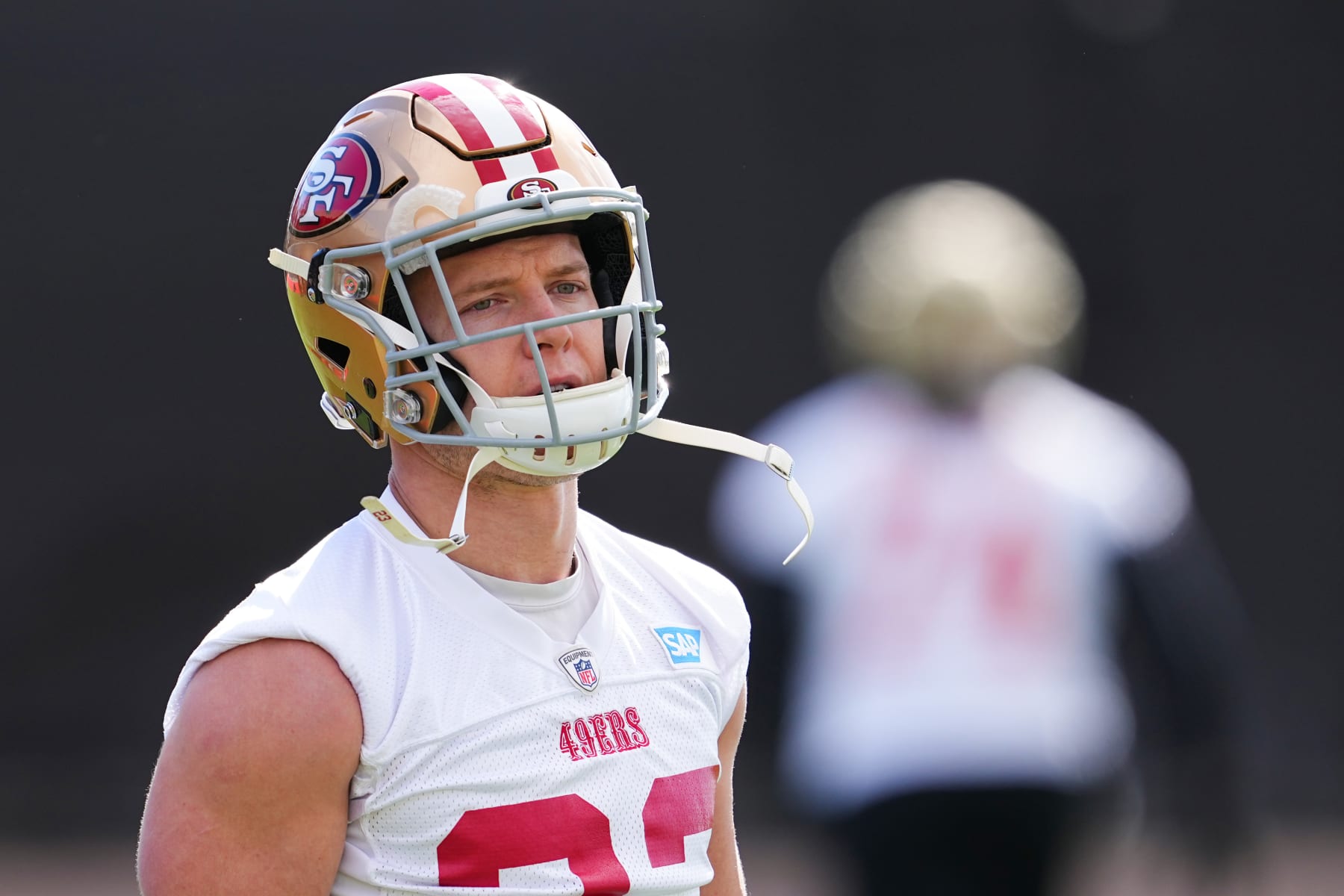LAS VEGAS, NEVADA - FEBRUARY 07: Christian McCaffrey #23 looks on during San Francisco 49ers practice ahead of Super Bowl LVIII at Fertitta Football Complex on February 07, 2024 in Las Vegas, Nevada. (Photo by Chris Unger/Getty Images)