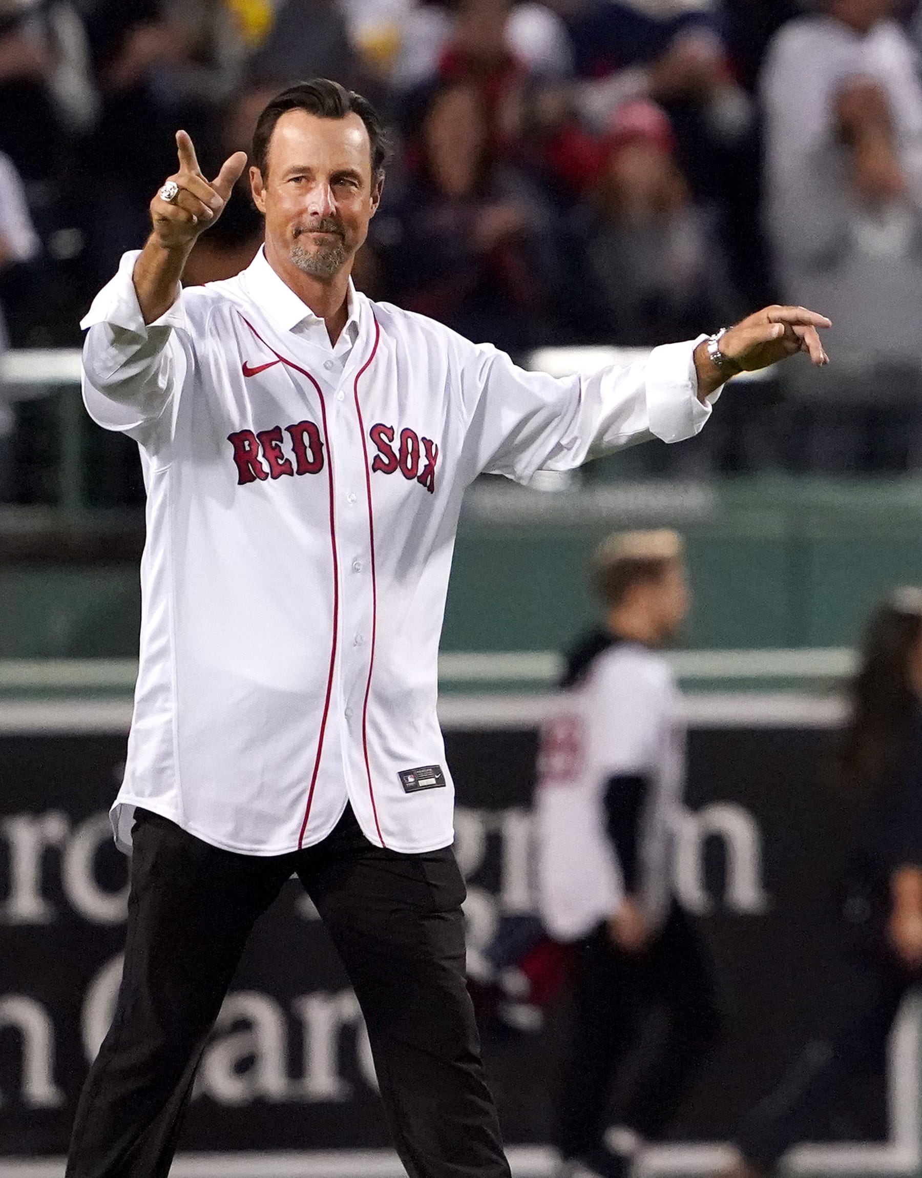 Boston - October 19: Former Red Sox pitcher Tim Wakefield on the field before throwing out the ceremonial pitch. The Boston Red Sox host the Houston Astros in Game 4 of the ALCS at Fenway Park in Boston on Oct. 19, 2021. (Photo by Barry Chin/The Boston Globe via Getty Images)