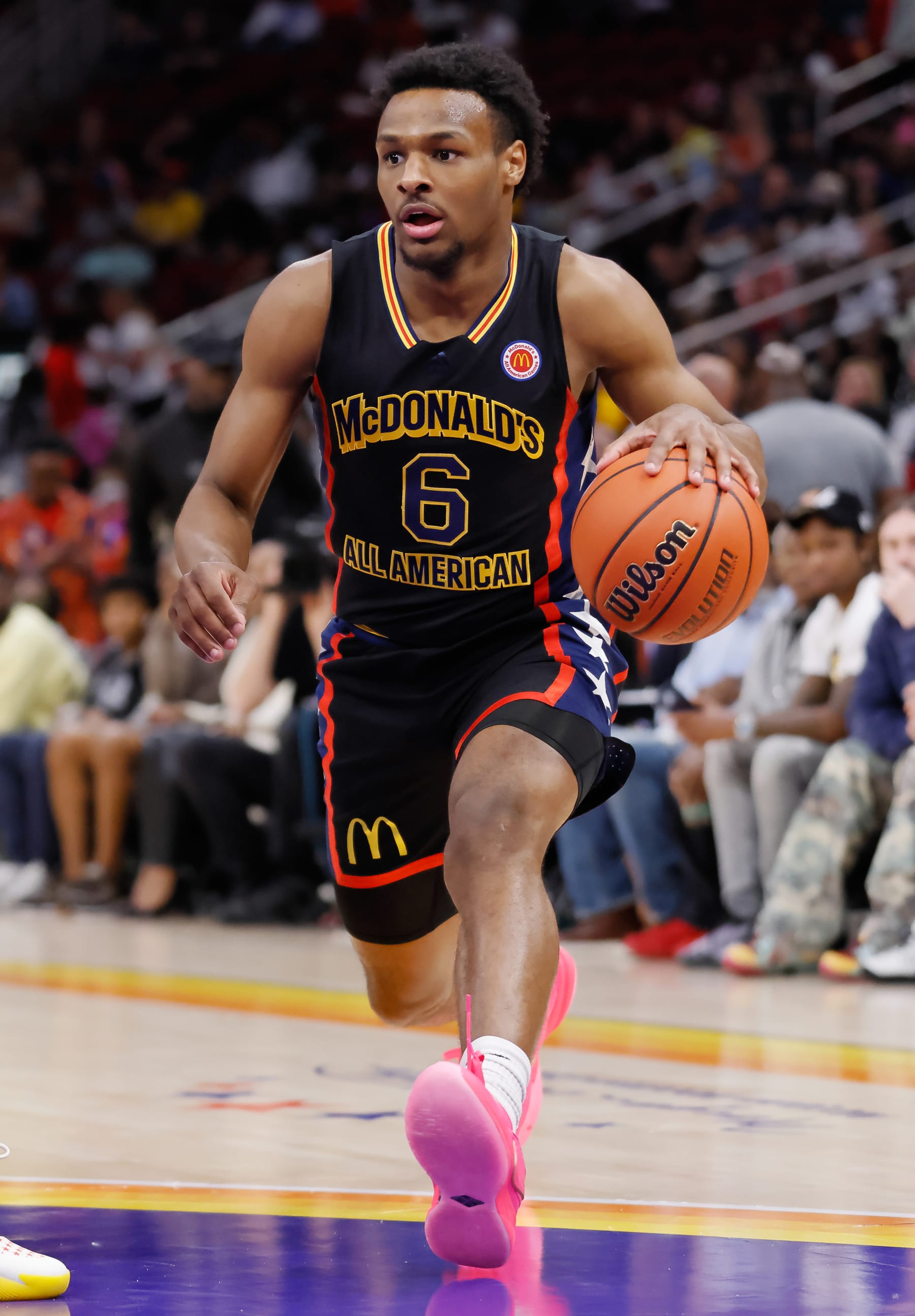 HOUSTON, TX - MARCH 28: Bronny James #6 of McDonald's All American Boys West is seen during the McDonalds All American Basketball Games at Toyota Center on March 28, 2023 in Houston, Texas. (Photo by Michael Hickey/Getty Images)