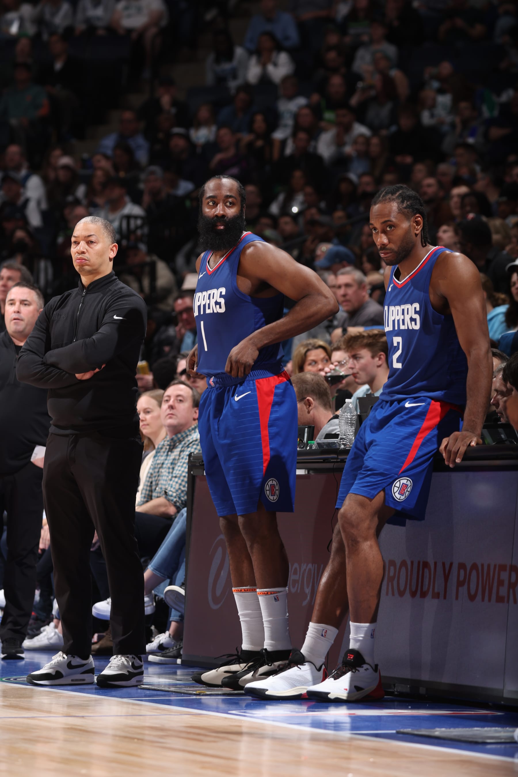 Head coach Ty Lue, James Harden and Kawhi Leonard