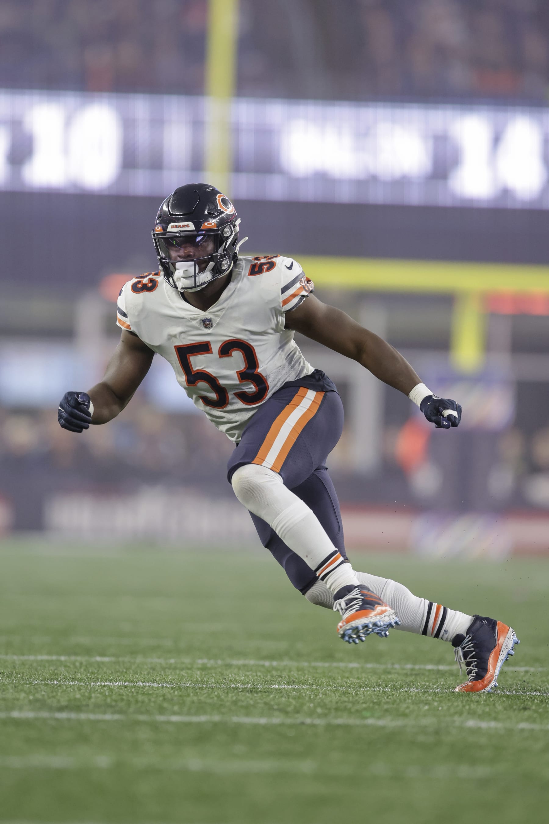 Chicago Bears linebacker Nicholas Morrow (53) defends during the second half of an NFL football game against the New England Patriots, Monday, Oct. 24, 2022, in Foxborough, Mass. (AP Photo/Stew Milne) Chicago Bears linebacker Nicholas Morrow (53) defends during the second half of an NFL football game against the New England Patriots, Monday, Oct. 24, 2022, in Foxborough, Mass. (AP Photo/Stew Milne)