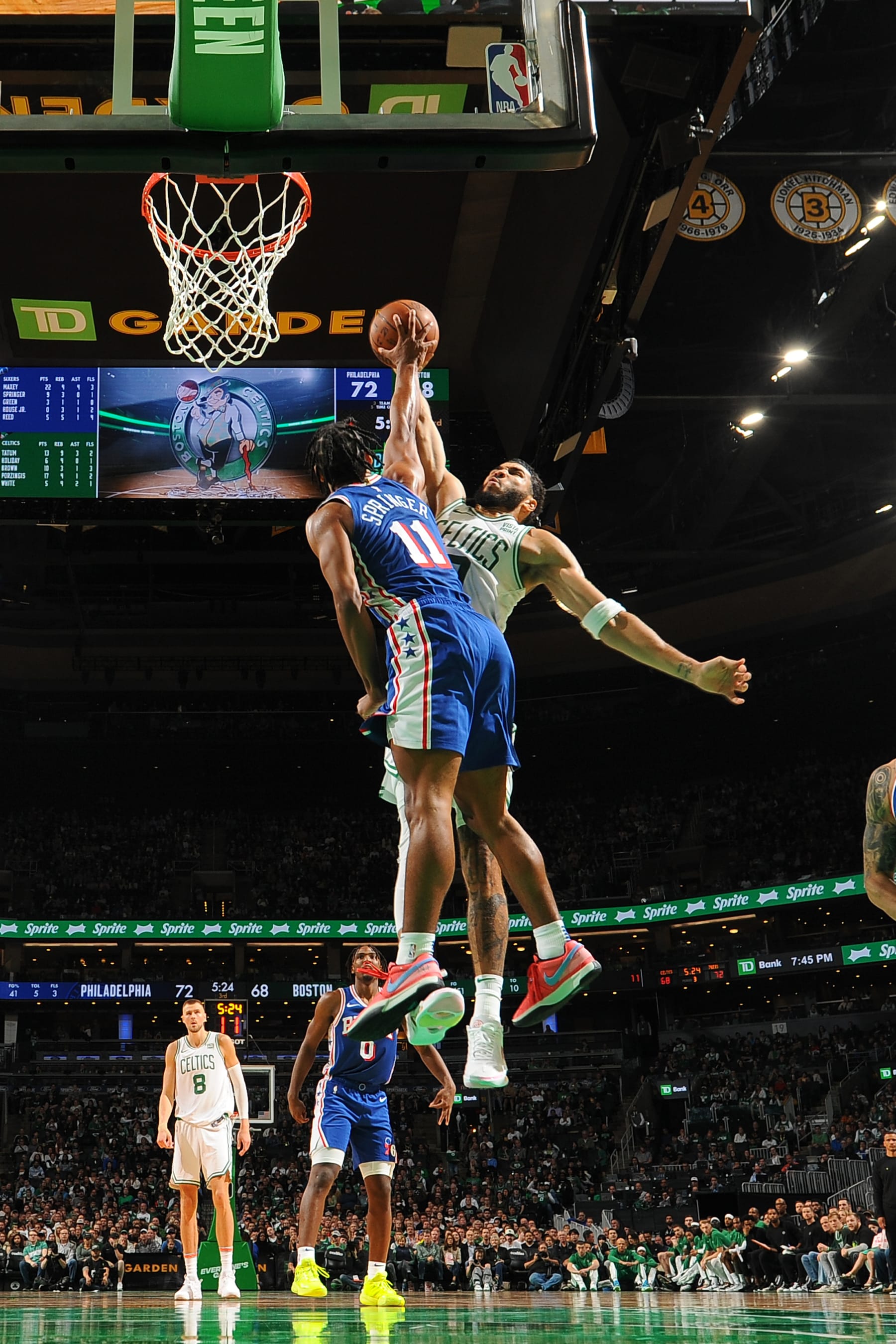 BOSTON, MA - OCTOBER 8: Jaden Springer #11 of the Philadelphia 76ers blocks Jayson Tatum #0 of the Boston Celtics on October 8, 2023 at the TD Garden in Boston, Massachusetts. NOTE TO USER: User expressly acknowledges and agrees that, by downloading and or using this photograph, User is consenting to the terms and conditions of the Getty Images License Agreement. Mandatory Copyright Notice: Copyright 2023 NBAE  (Photo by Brian Babineau/NBAE via Getty Images)