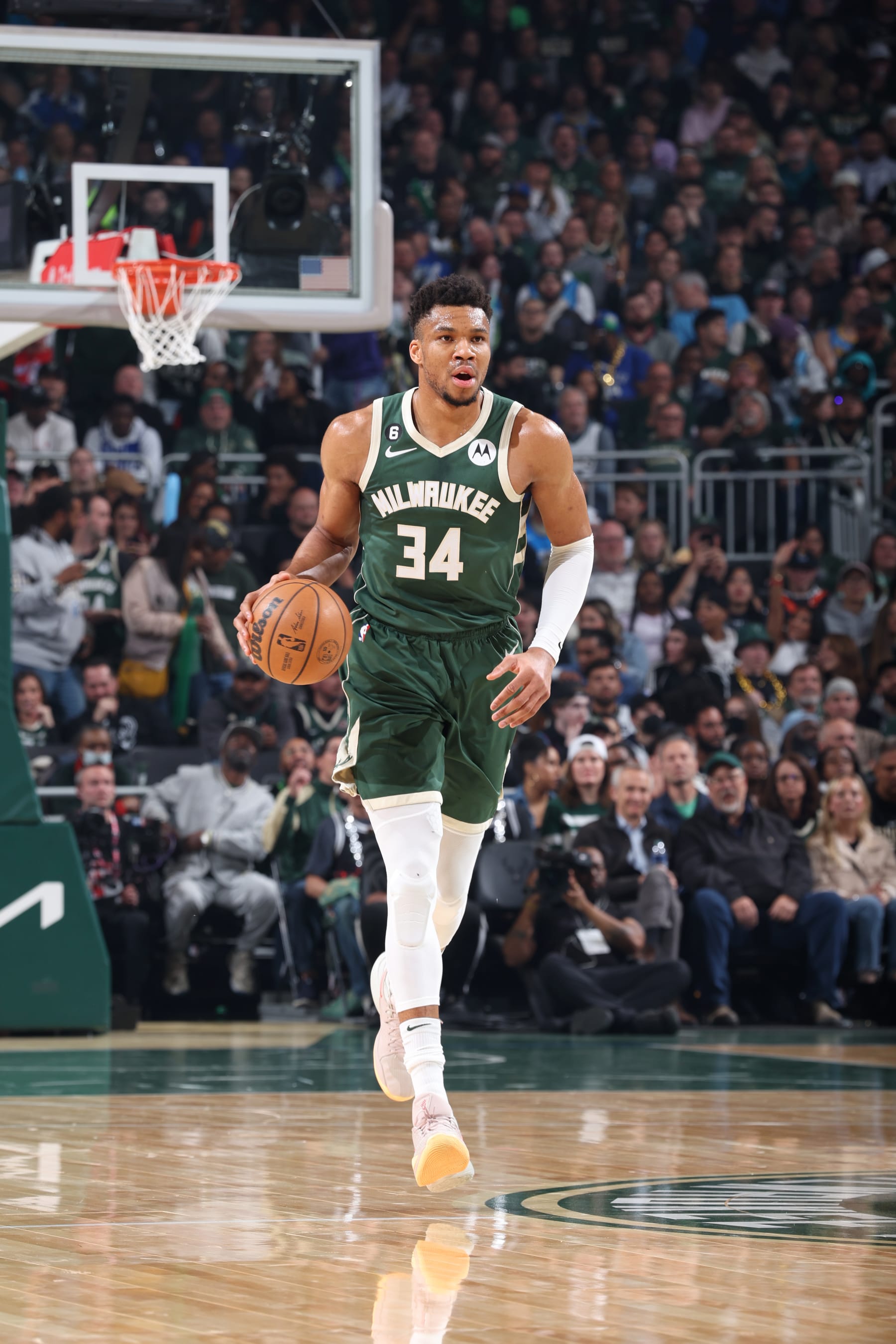 MILWAUKEE, WI - APRIL 26: Giannis Antetokounmpo #34 of the Milwaukee Bucks dribbles the ball against the Miami Heat during Round 1 Game 5 of the 2023 NBA Playoffs on April 26, 2023 at the Fiserv Forum Center in Milwaukee, Wisconsin. NOTE TO USER: User expressly acknowledges and agrees that, by downloading and or using this Photograph, user is consenting to the terms and conditions of the Getty Images License Agreement. Mandatory Copyright Notice: Copyright 2023 NBAE (Photo by Jeff Haynes/NBAE via Getty Images).