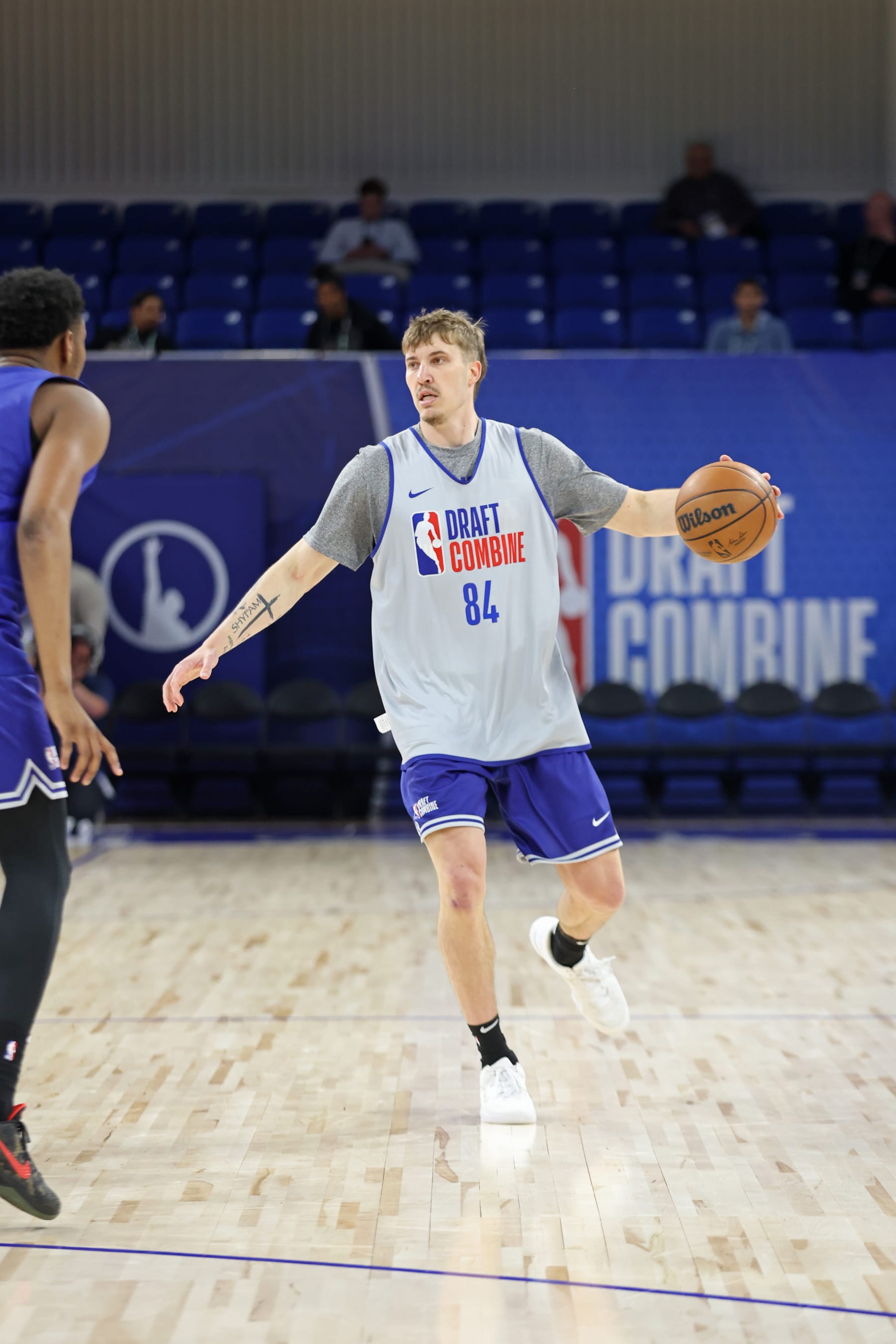 CHICAGO, IL - MAY 14: Baylor Scheierman dribbles the ball during a scrimmage during the 2024 NBA Combine on May 14, 2024 at Wintrust Arena in Chicago, Illinois. NOTE TO USER: User expressly acknowledges and agrees that, by downloading and or using this photograph, User is consenting to the terms and conditions of the Getty Images License Agreement. Mandatory Copyright Notice: Copyright 2024 NBAE (Photo by Jeff Haynes/NBAE via Getty Images)