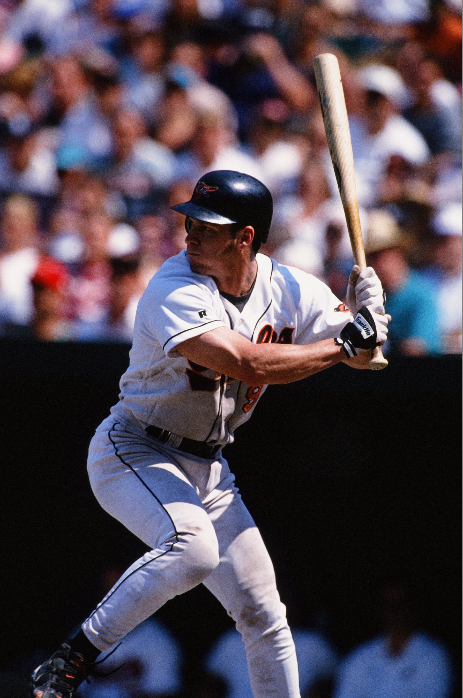 BALTIMORE, MD - JULY 6: Brady Anderson of the Baltimore Orioles bats against the Boston Red Sox at Oriole Park at Camden Yards on July 6, 1996 in Baltimore, Maryland. The Orioles defeated the Red Sox 4-3. (Photo by Sporting News via Getty Images via Getty Images) 