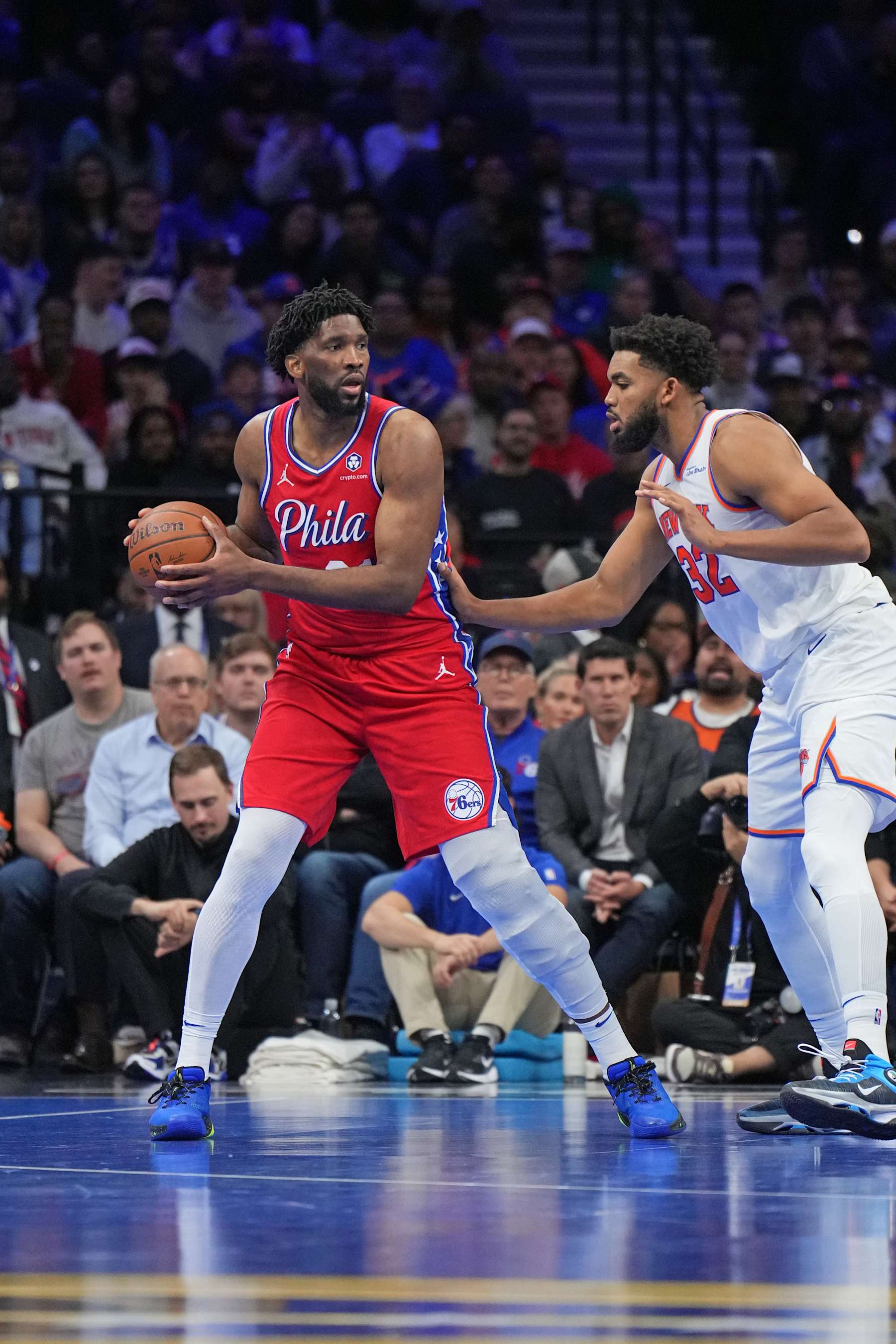 PHILADELPHIA, PA - NOVEMBER 12: Joel Embiid #21 of the Philadelphia 76ers looks to pass the ball during the game against the New York Knicks during the Emirates NBA Cup game on November 12, 2024 at the Wells Fargo Center in Philadelphia, Pennsylvania NOTE TO USER: User expressly acknowledges and agrees that, by downloading and/or using this Photograph, user is consenting to the terms and conditions of the Getty Images License Agreement. Mandatory Copyright Notice: Copyright 2024 NBAE (Photo by Jesse D. Garrabrant/NBAE via Getty Images)