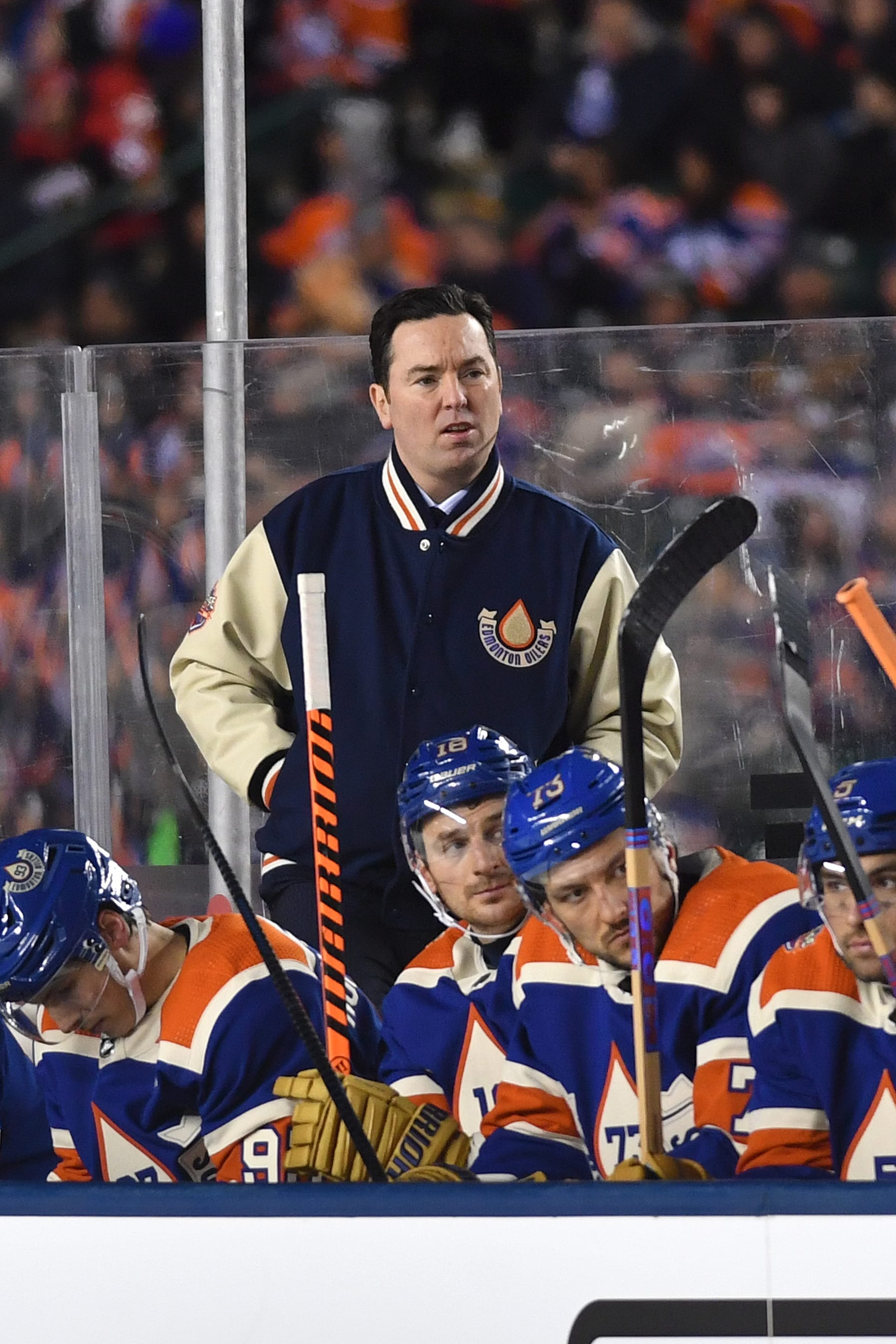 EDMONTON, CANADA - OCTOBER 29: Head coach Jay Woodcroft of the Edmonton Oilers looks on during the game against the Calgary Flames at the 2023 Tim Hortons NHL Heritage Classic at Commonwealth Stadium on October 29, 2023 in Edmonton, Alberta, Canada. (Photo by Andy Devlin/NHLI via Getty Images)