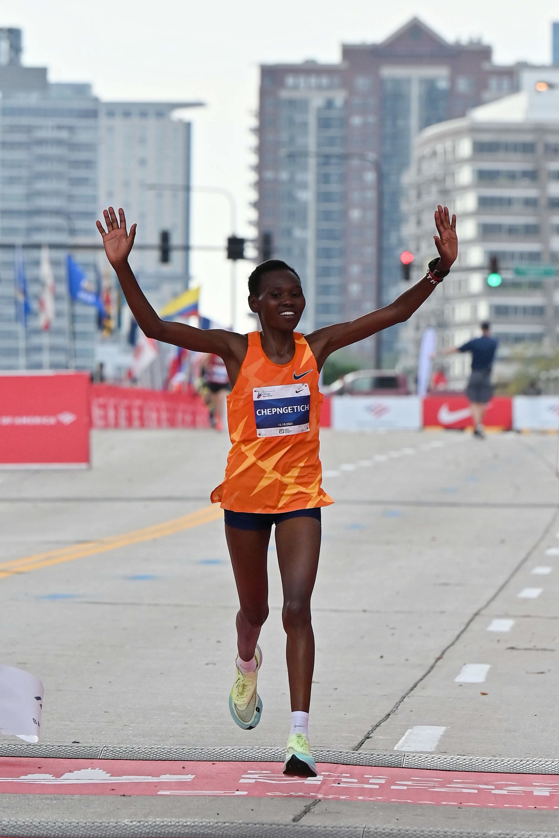 CHICAGO, ILLINOIS - OCTOBER 10:  Ruth Chepngetich of Kenya wins the 2021 Chicago Marathon with a time of 2:22:31on October 10, 2021 in Chicago, Illinois.  (Photo by Jamie Sabau/Getty Images)
