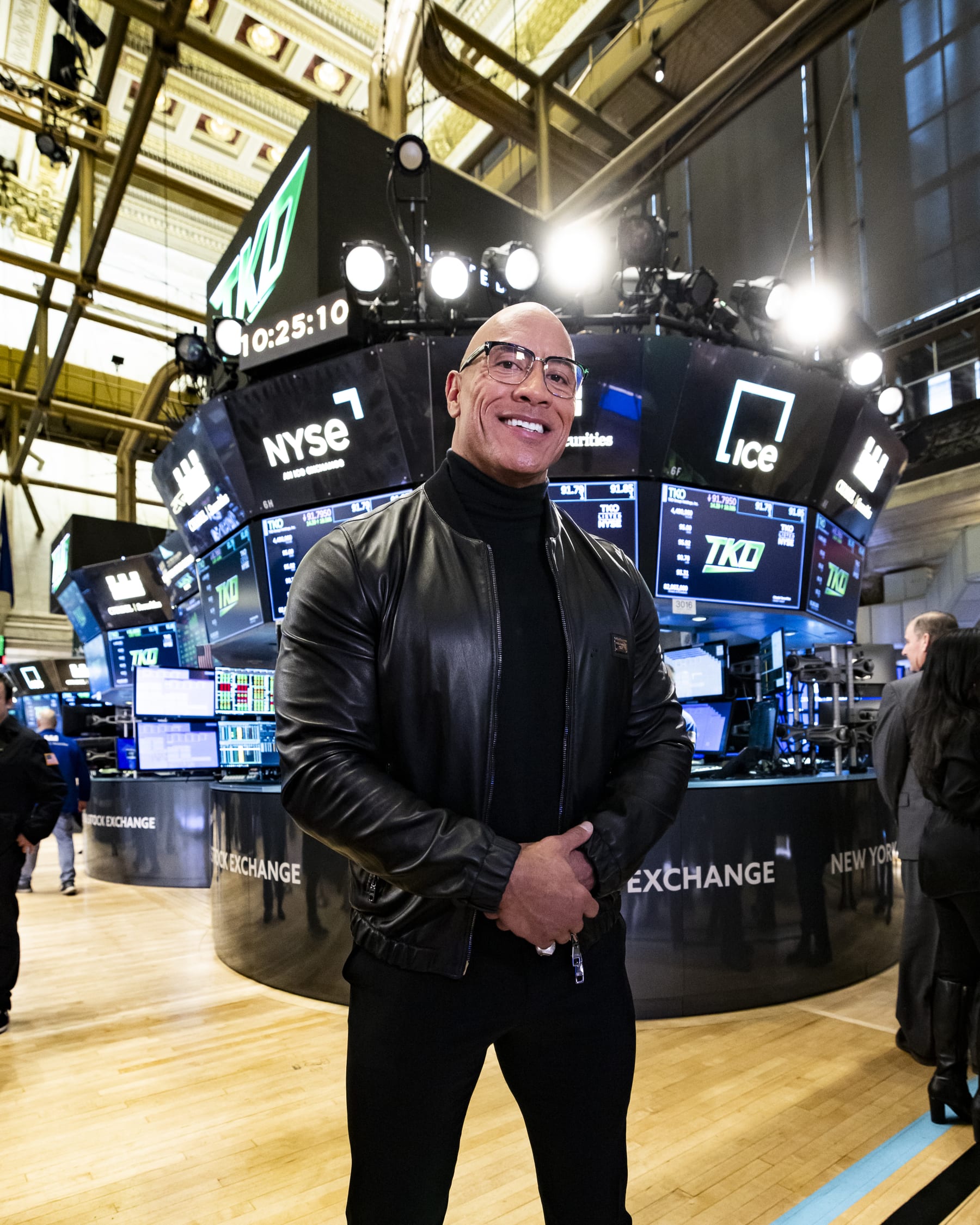 NEW YORK, NEW YORK - JANUARY 23: Dwayne "The Rock" Johnson is seen during a ceremony announcing he has joined the Board of Directors for TKO at New York Stock Exchange on January 23, 2024 in New York City. (Photo by Michelle Farsi/Zuffa LLC)