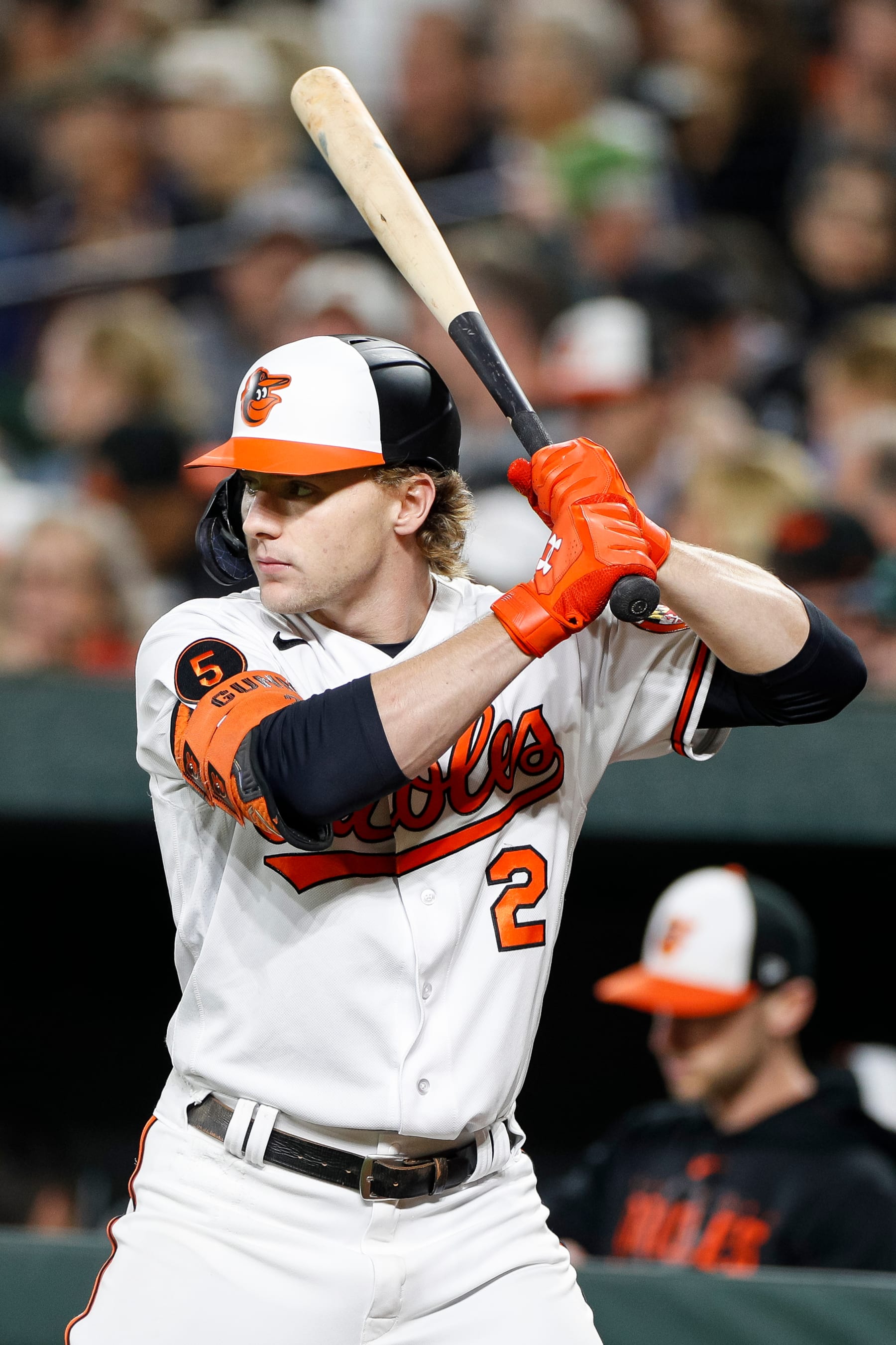 BALTIMORE, MARYLAND - SEPTEMBER 28: Gunnar Henderson #2 of the Baltimore Orioles waits in the on-deck circle in the seventh inning against the Boston Red Sox at Oriole Park at Camden Yards on September 28, 2023 in Baltimore, Maryland. (Photo by Brandon Sloter/Image Of Sport/Getty Images)