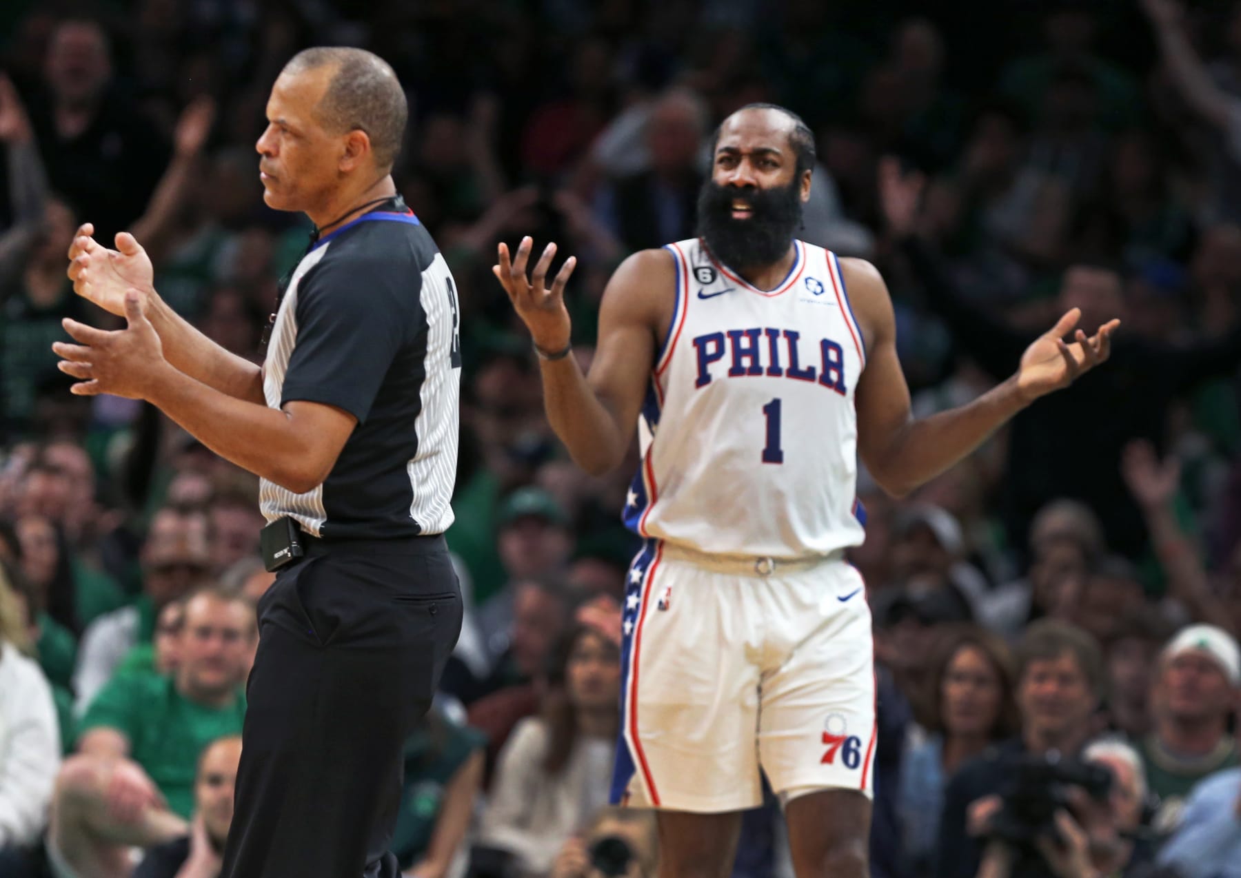 Boston, MA - May 14: Philadelphia 76ers SG James Harden gives a look of disbelief following a foul call. The Boston Celtics defeated the 76ers, 112-88, in Game 7 of the 2023 Eastern Conference Semifinals. (Photo by Jim Davis/The Boston Globe via Getty Images)