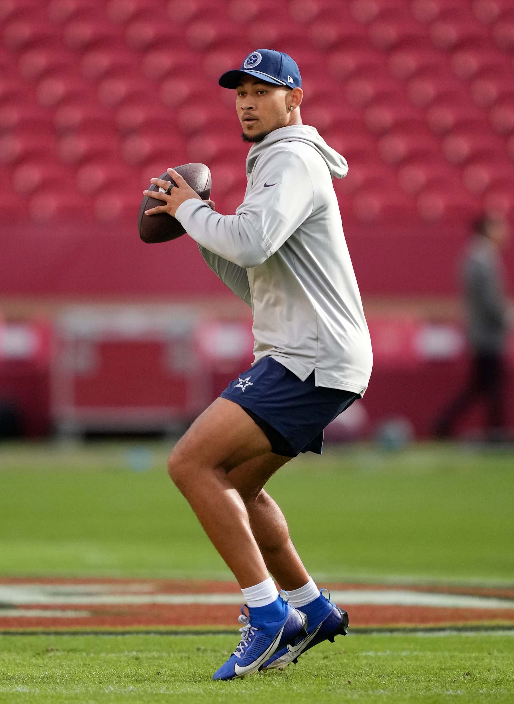SANTA CLARA, CALIFORNIA - OCTOBER 27: Trey Lance #19 of the Dallas Cowboys warms up prior to a game against the San Francisco 49ers at Levi's Stadium on October 27, 2024 in Santa Clara, California. (Photo by Thearon W. Henderson/Getty Images)